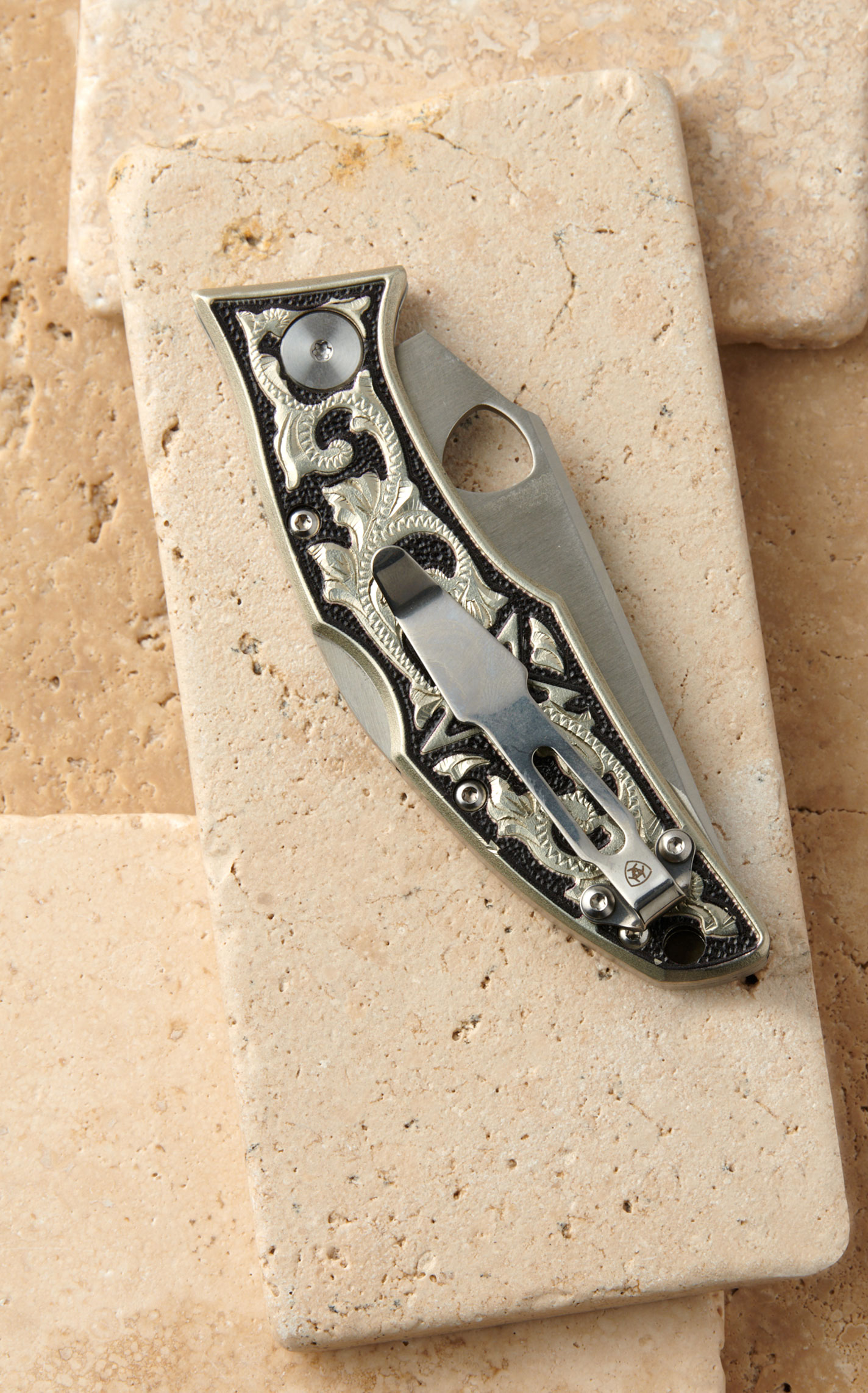 Ariat Integrated Hybrid Blade Silver & Black Engraved Handle Folding Knife  - Image 3