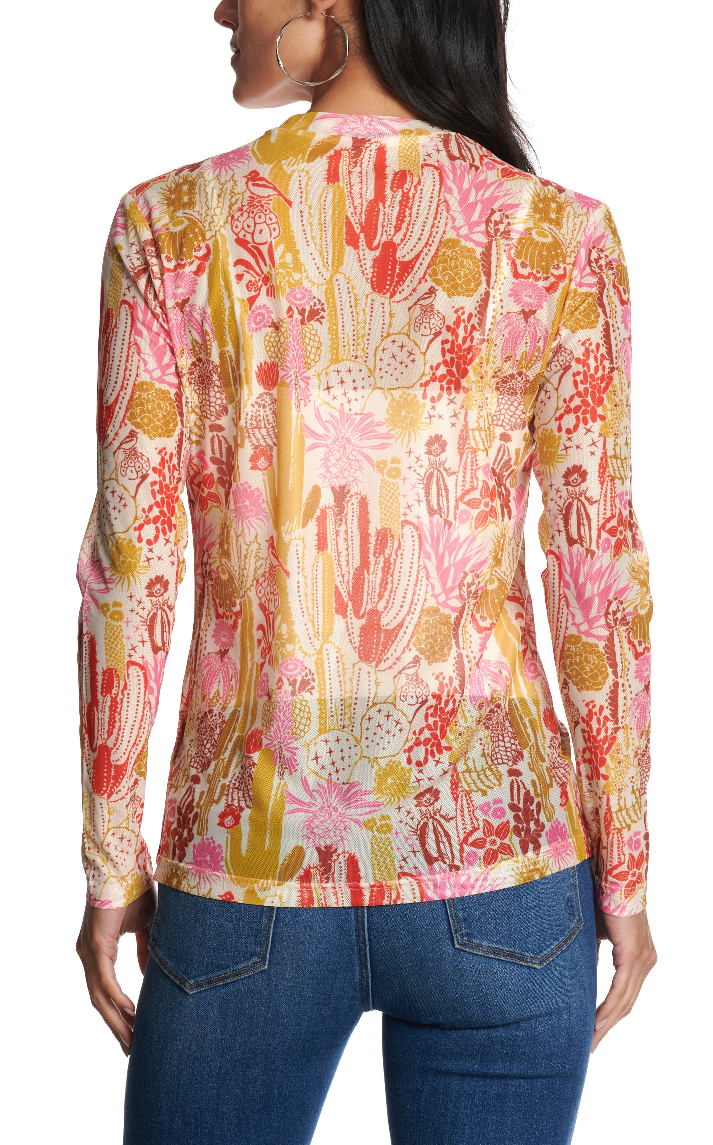 Turquoise Haven Women's Multicolor Cacti Print Mesh Top - Image 1