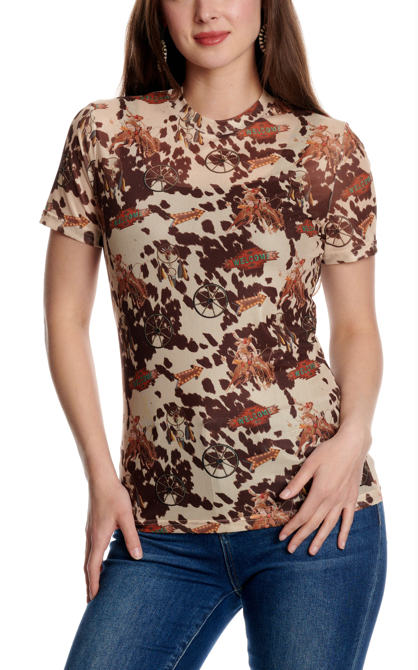 Merigold Kiss Women's Tan & Brown Cowhide Buckaroo Print Mesh Top - Image 1