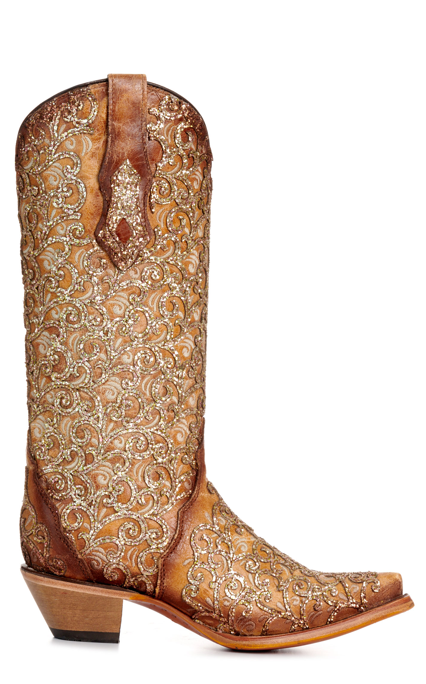 Corral Women's Saddle Tan with Glitter Overlay Snip Toe Cowboy Boots - Image 1