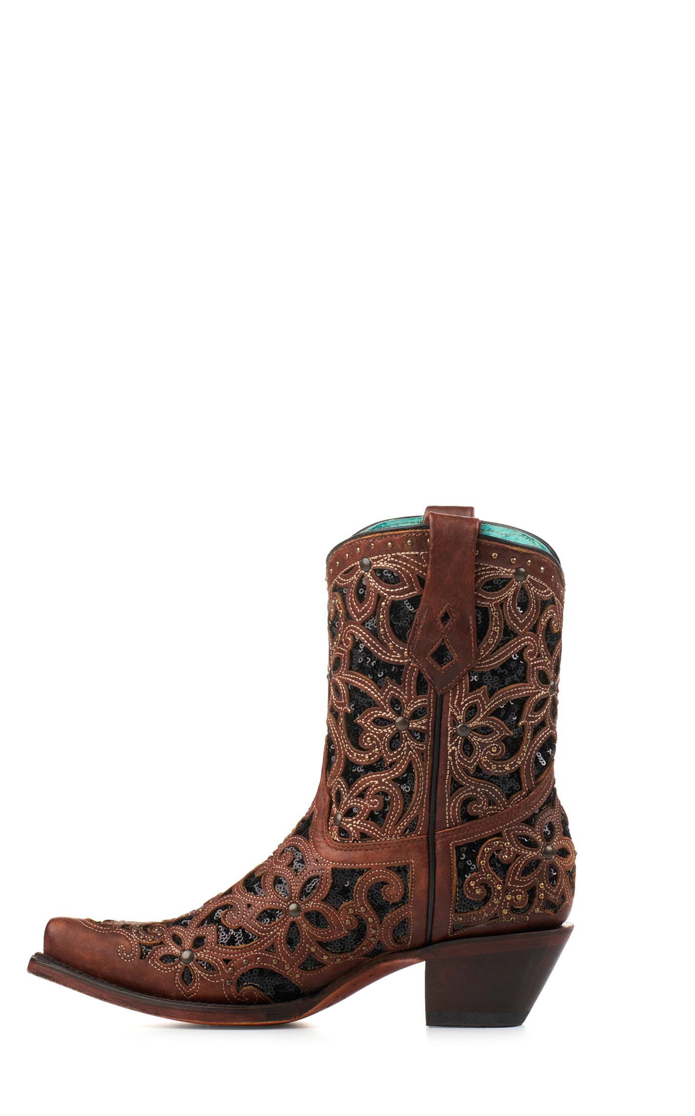 Corral Women's Brown with Black Glitter Inlay Snip Toe Cowboy Booties - Image 1