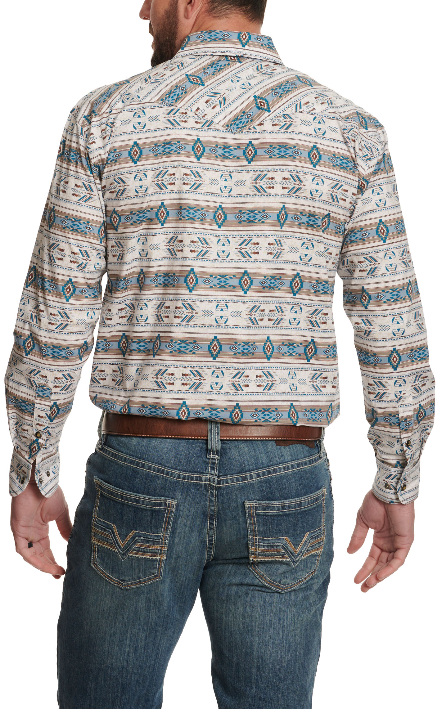 Panhandle Men's Rough Stock Aegean Blue & Taupe Aztec Western Shirt - Image 1