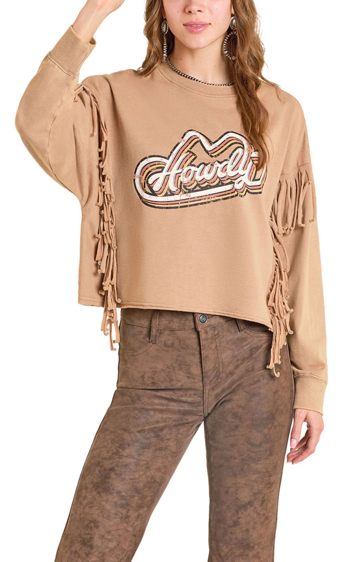 Rock & Roll Denim Women's Howdy Tan Fringe Sweatshirt - Image 1