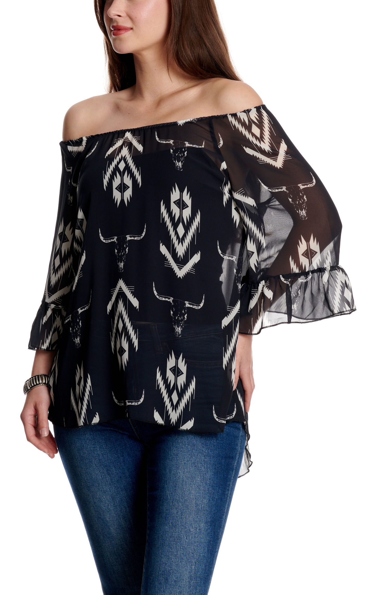 Cowgirl Hardware Women 's Black Aztec & Skull Print Off Shoulder Top - Image 3