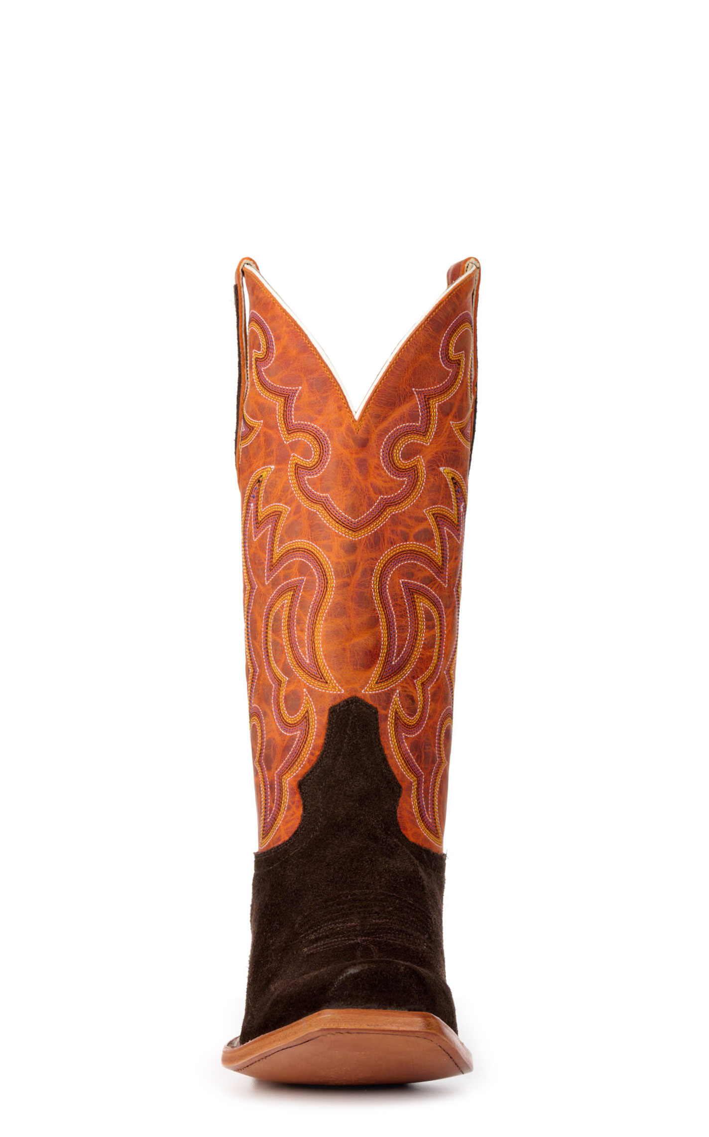 Cavender's Men's Chocolate Roughout and Orange Punchy Square Toe Cowboy Boots - Image 1