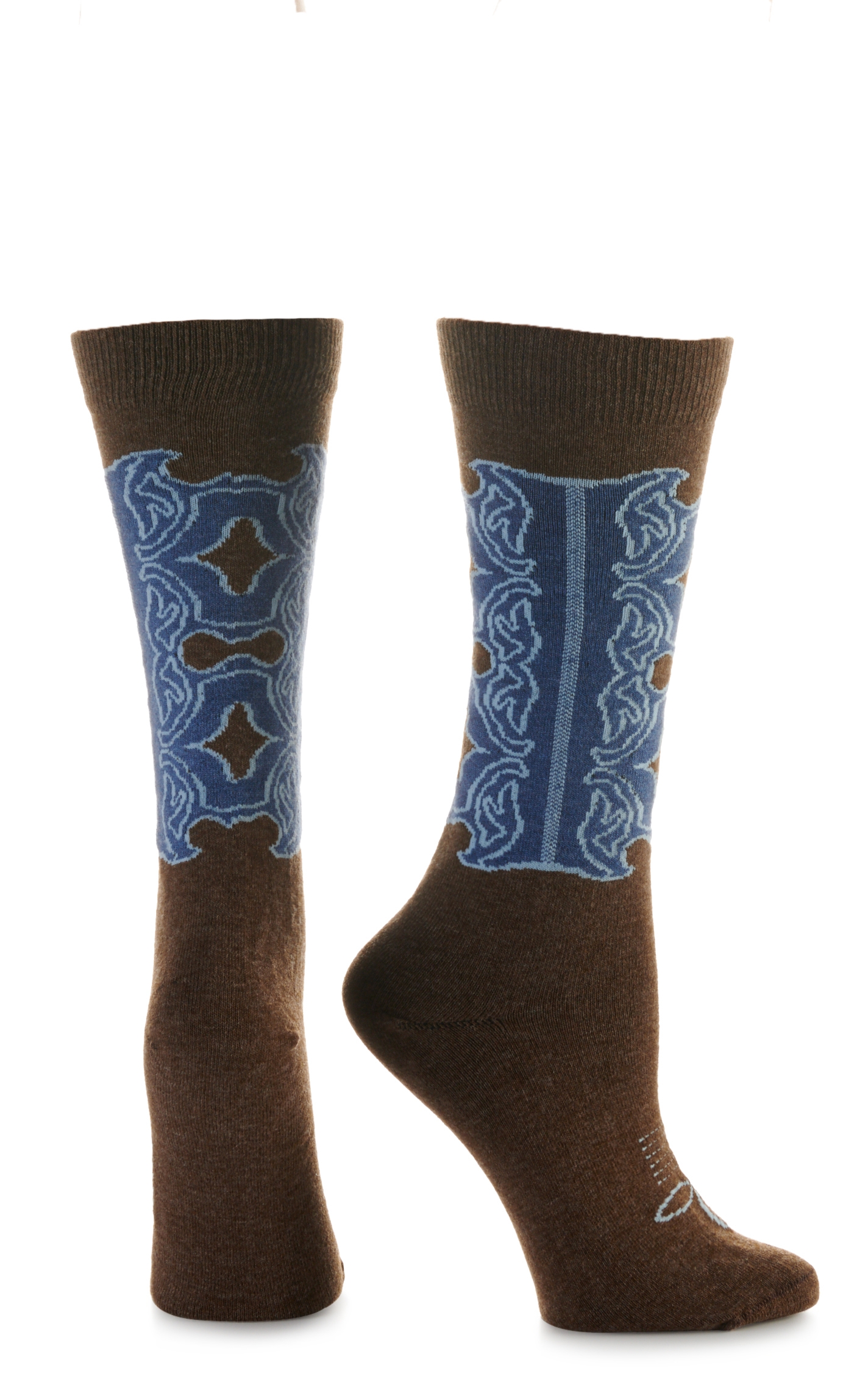 Boot Doctor Women's Brown with Blue Boot Stitch Design Crew Boot Socks - Image 1