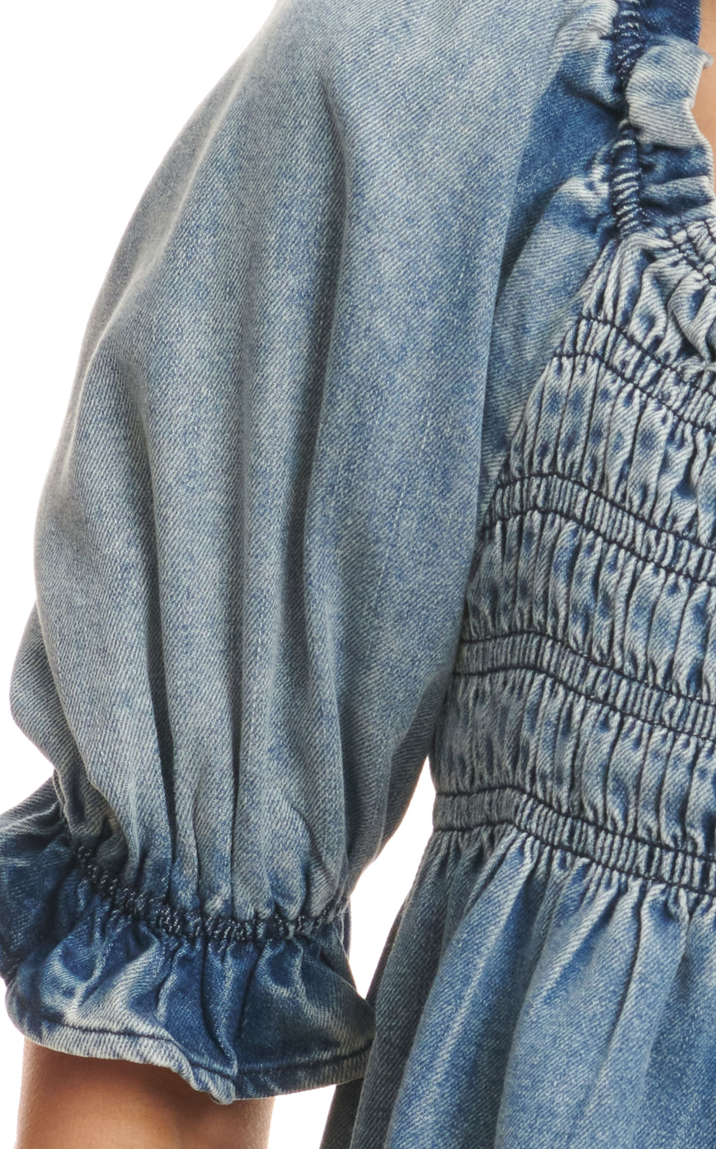 MAZIK Women's Medium Wash Denim Blue Smocked Short Puff Sleeve Top - Image 1