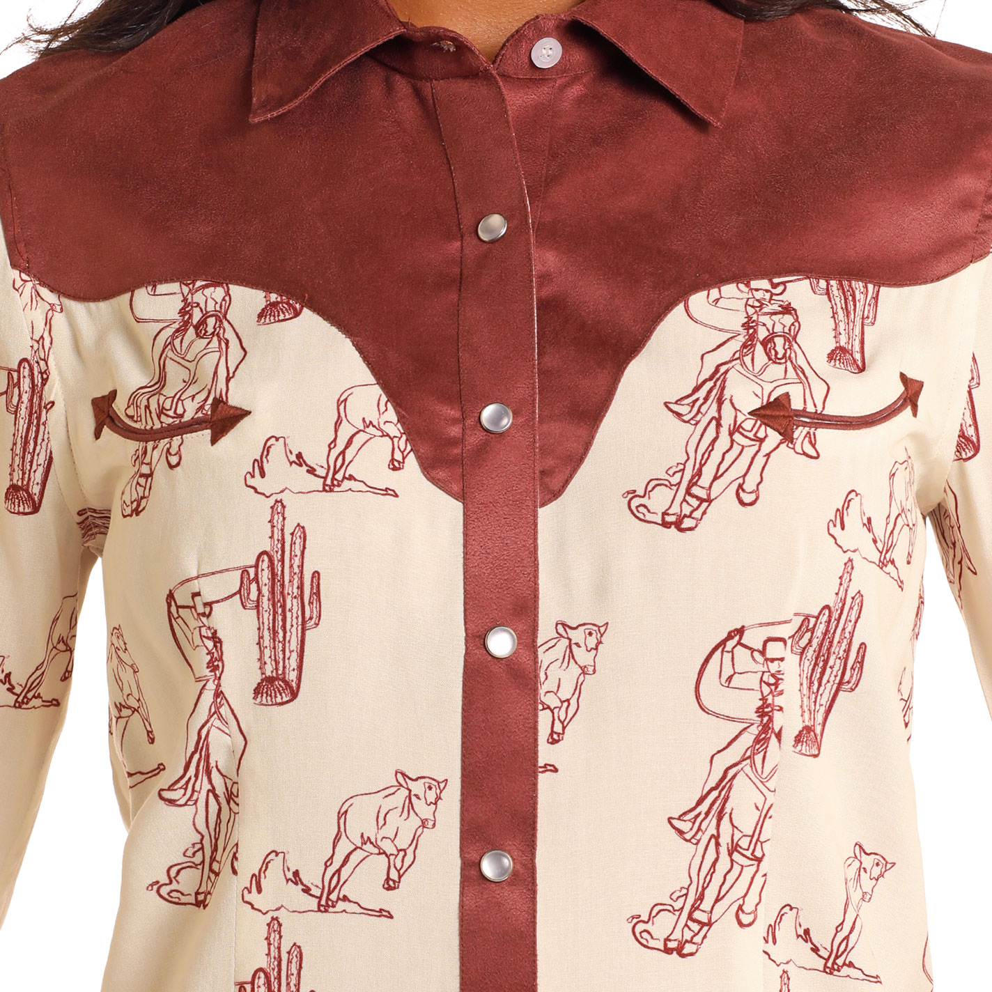 Panhandle Women's Burgundy & Cream Western Print Top - Image 1