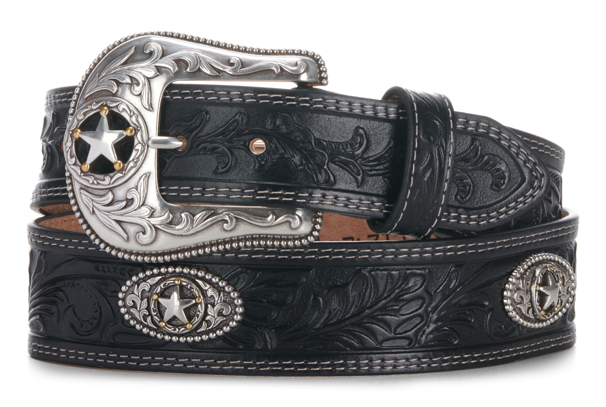 Justin Men's 5 Star Ranch Black Floral Tooled Leather Western Belt - Image 1
