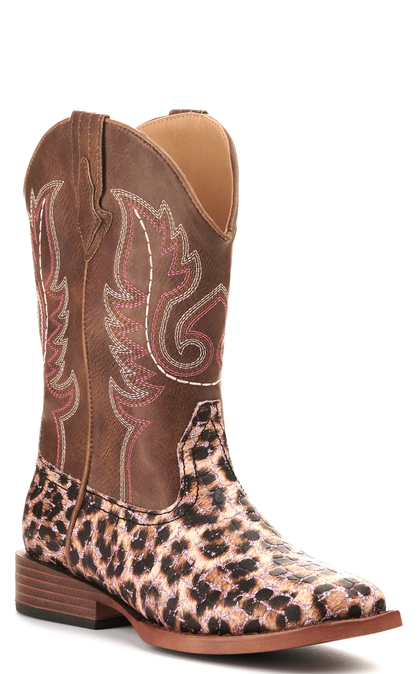 Roper Girl's Brown and Leopard with Pink Glitter Wide Square Toe Cowboy Boot - Image 1