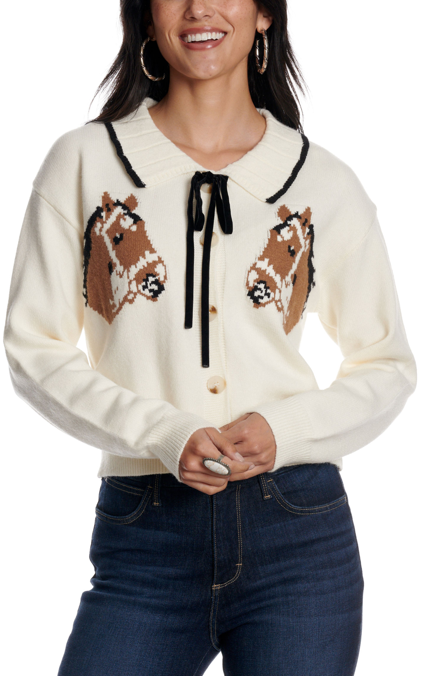Blue B Women's Cream Horse Graphic Tie Cardigan - Image 1