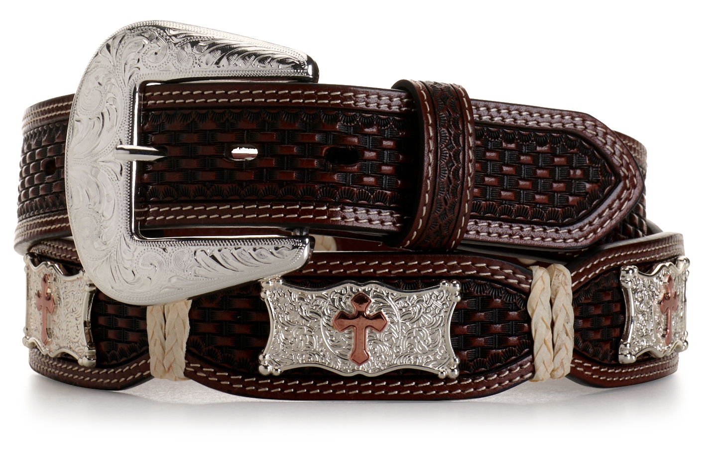 Cowboy Chrome Men's Brown Basketweave with Silver and Gold Cross Conchos Scalloped Belt - Image 1