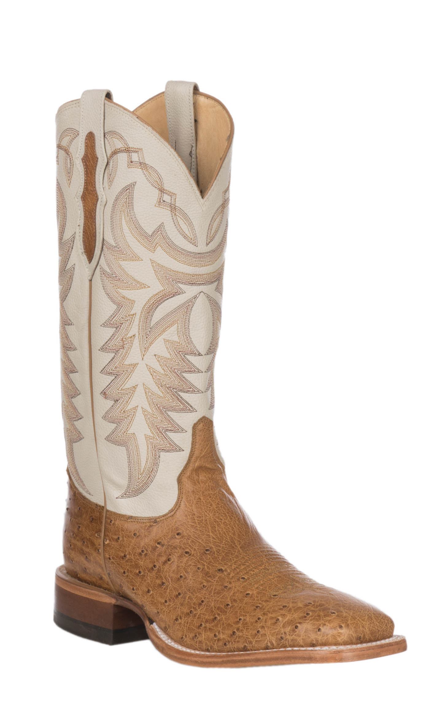 Justin Men's Pascoe Ivory and Antique Saddle Brown Smooth Ostrich Wide Square Toe Exotic Cowboy Boots - Image 1