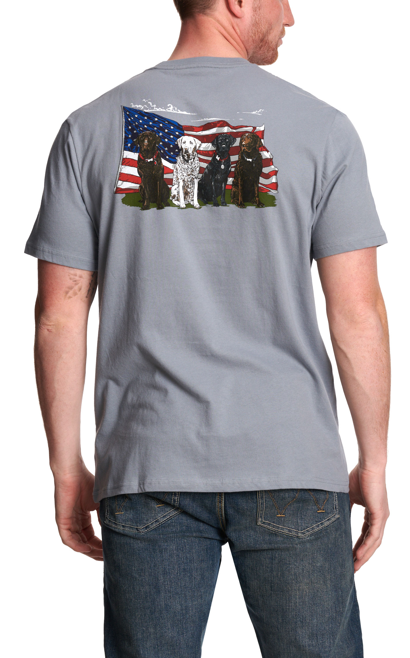 Wrangler Men's Blue American Flag & Dog Graphic T-Shirt - Image 1