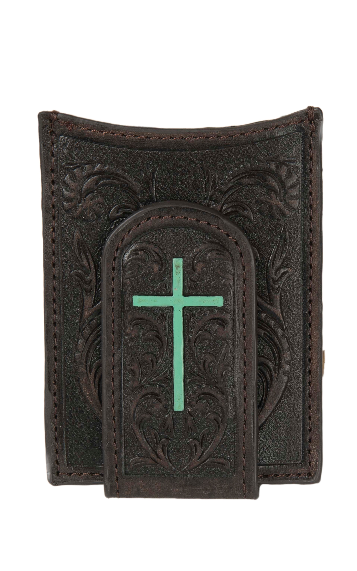 Ariat Dark Brown with Floral Tooling & Turquoise Cross Leather Card Case / Money Clip - Image 1