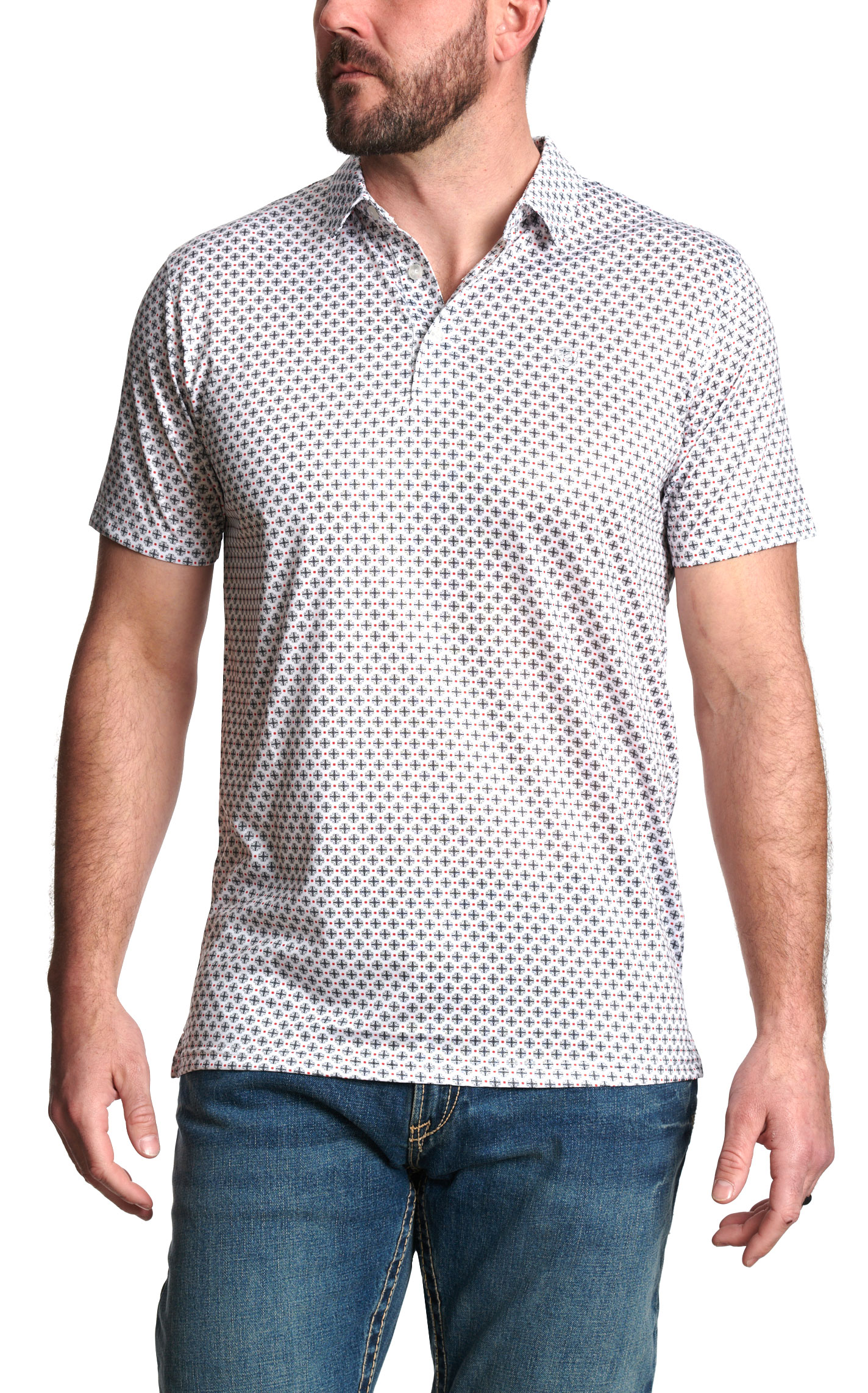 Ariat Men's White Gray & Red Geo Print Polo Shirt - Image 1