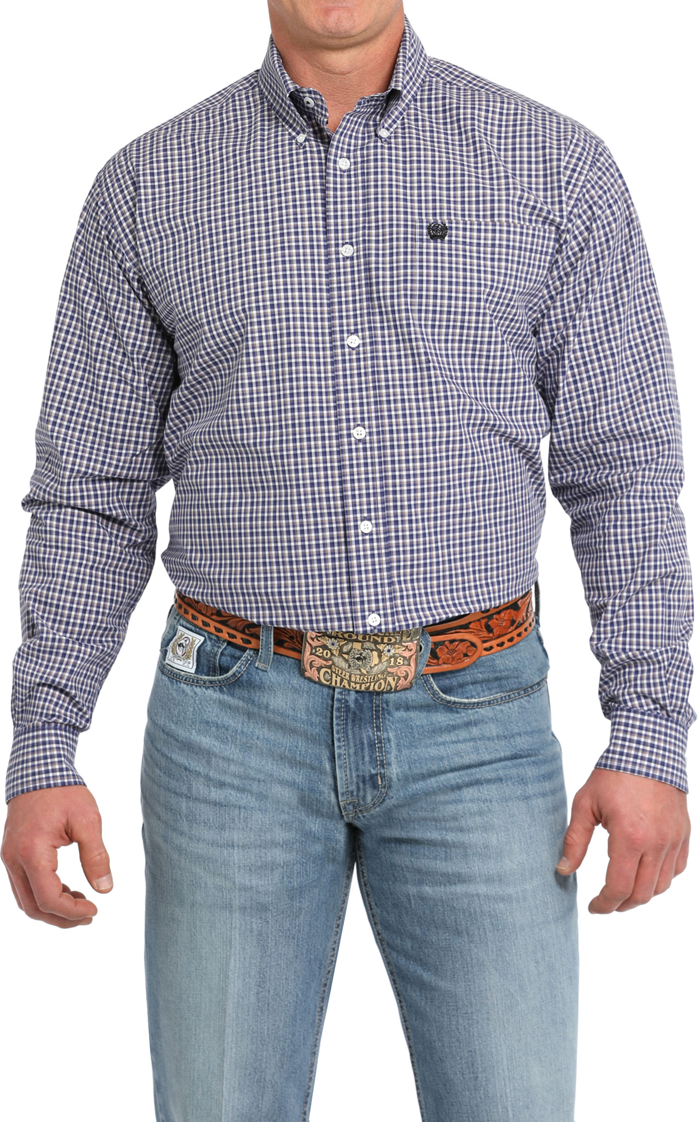 Cinch Men's Navy & White Plaid Western Shirt - Image 1
