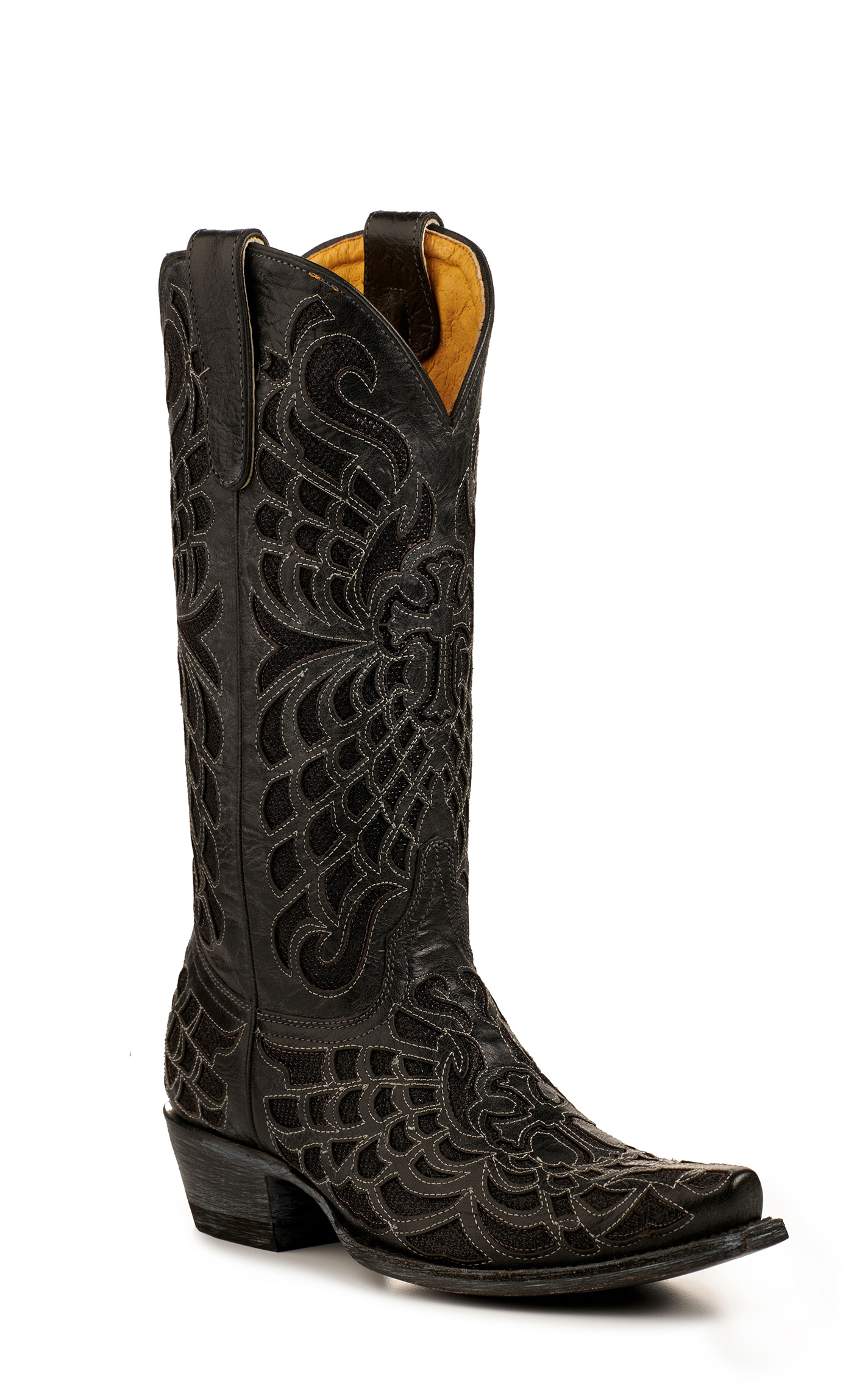 Cavender’s Women’s Leather Black with Black Cross Sparkle Inlay Snip Toe Cowboy Boots  - Image 1