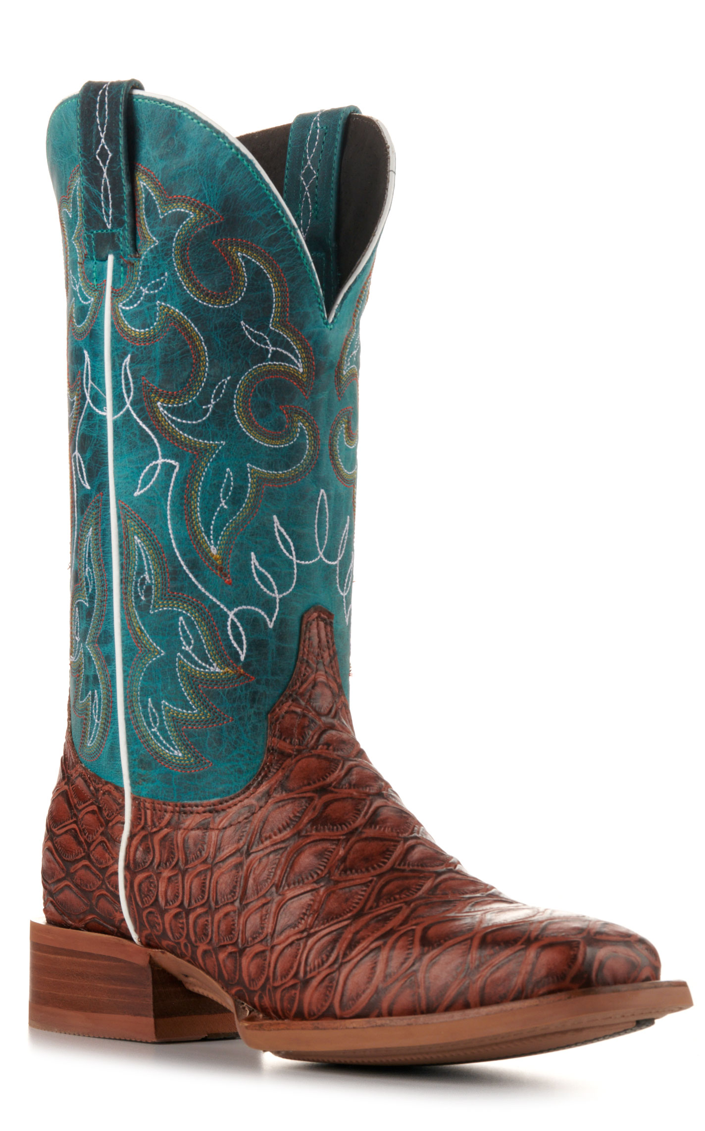 Cavender's Women's Intrepid Turquoise and Brown Baby Pirarucu Print Wide Square Toe Cowboy Boots - Image 1