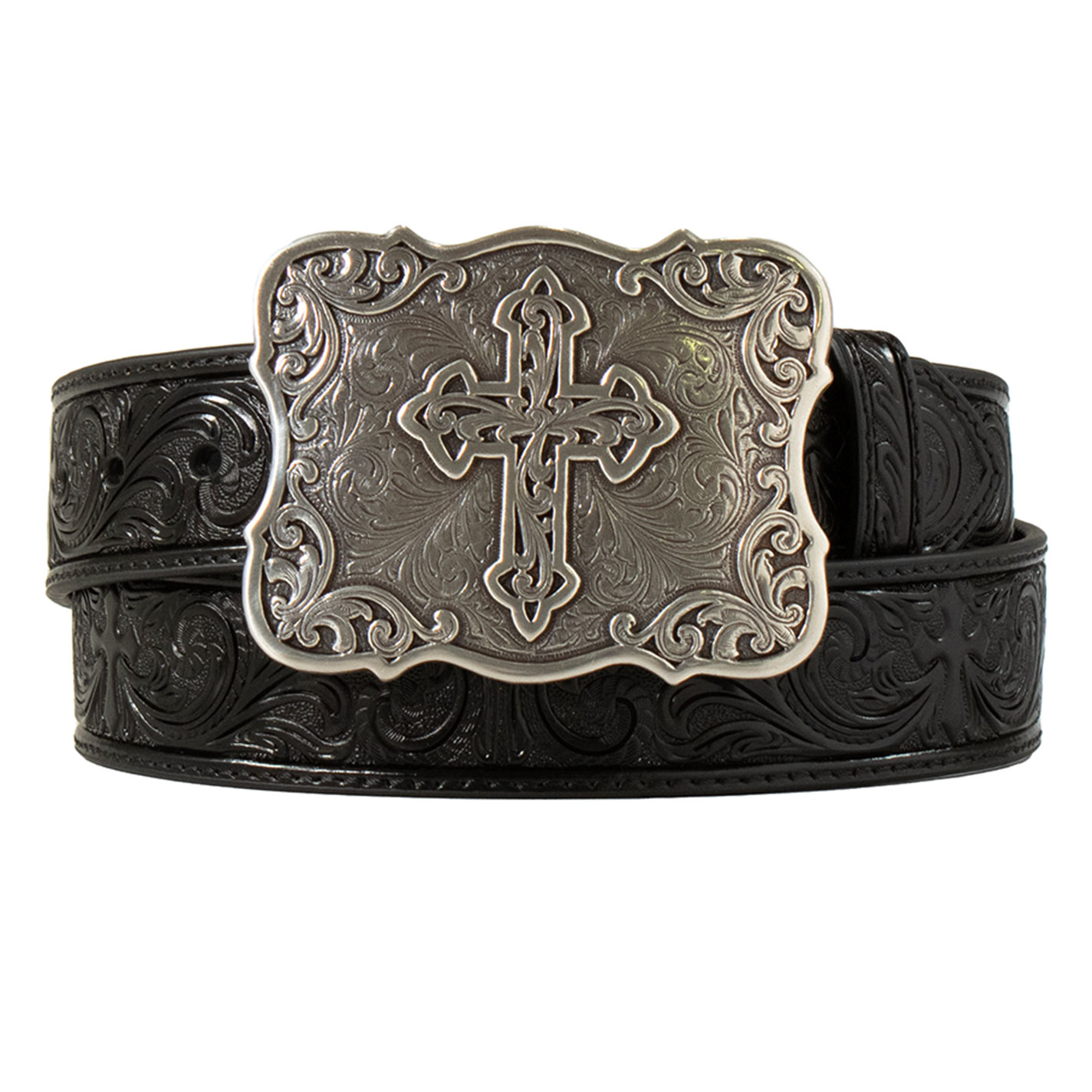 NOCONA Black & Silver Embossed Cross Belt Buckle - Image 1