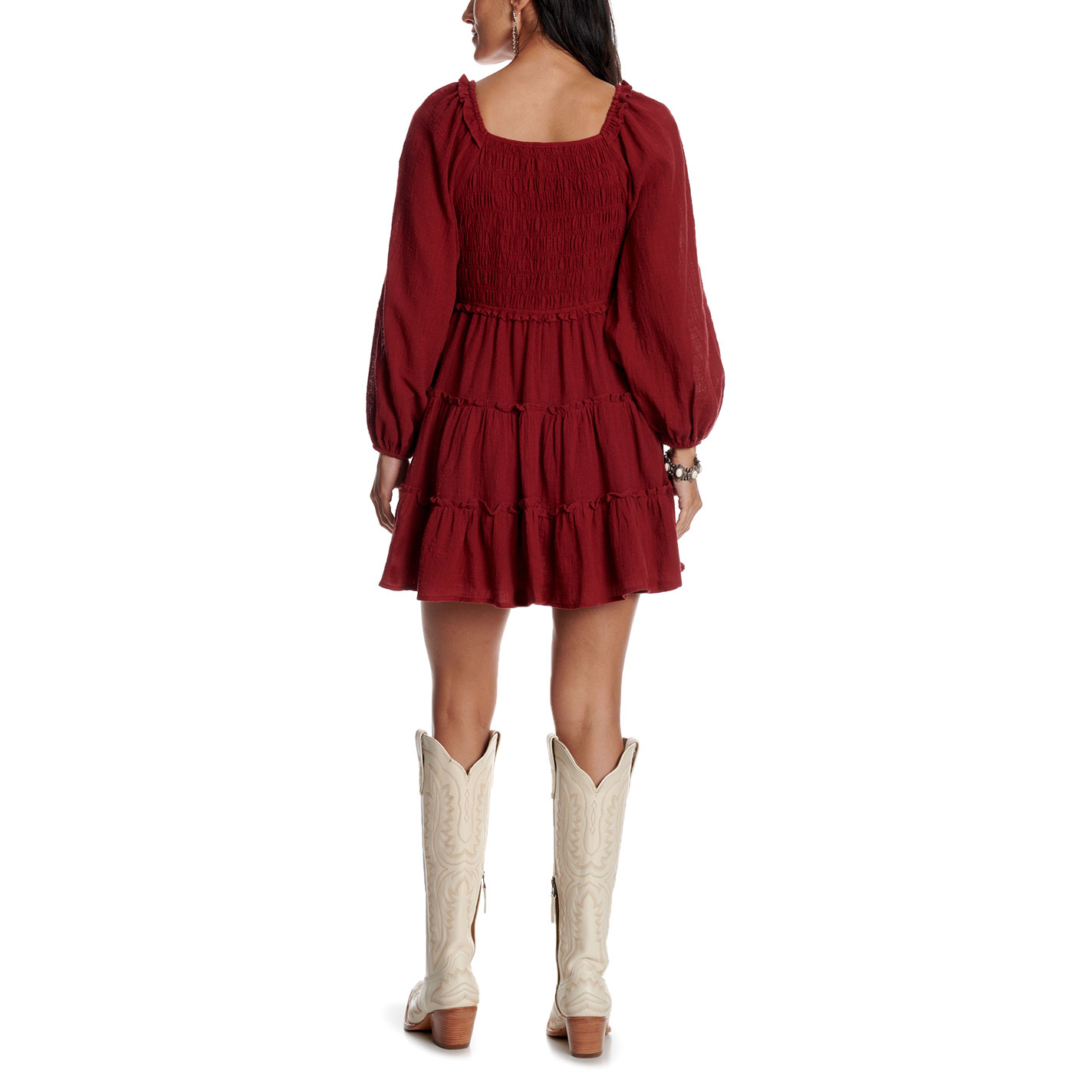 Yura Women's Burgundy Smock Top Tiered Ruffle Dress - Image 1