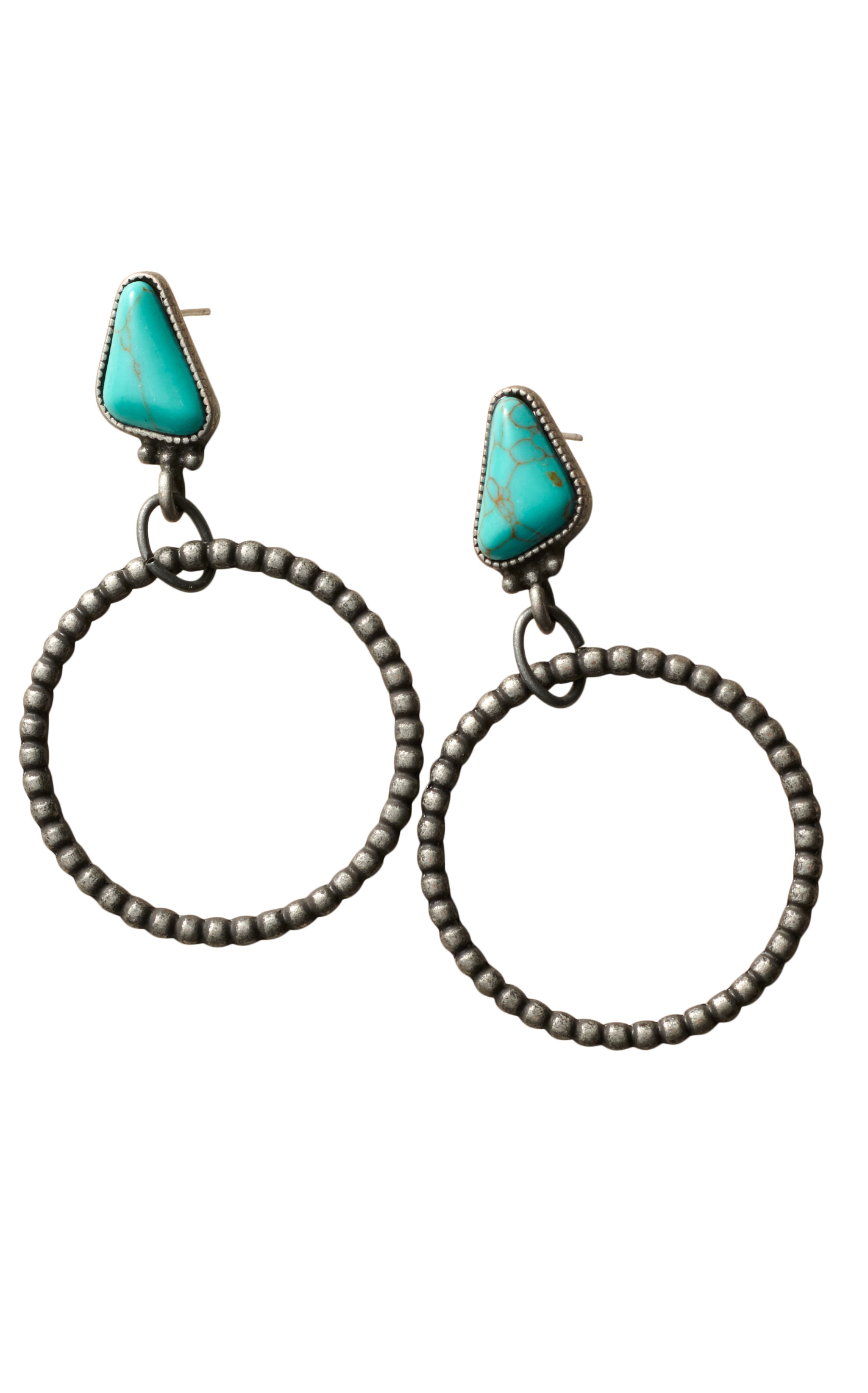 Rockin C Antique Silver Turquoise Stone Beaded Hoop Earrings - Image 1