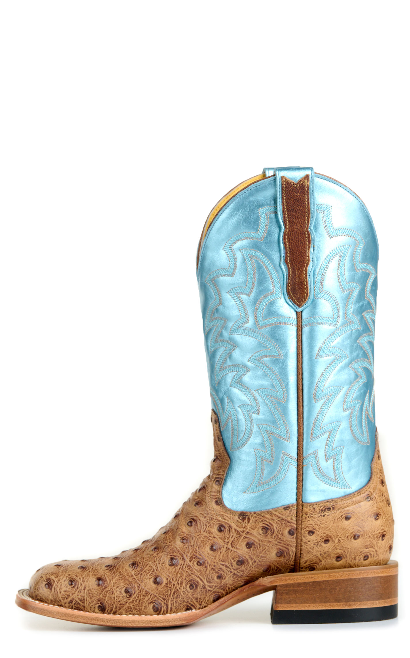 Cavender’s Women’s Endurance Saddle Tan Ostrich Print and Metallic Blue Wide Square Toe Cowboy Boots  - Image 1