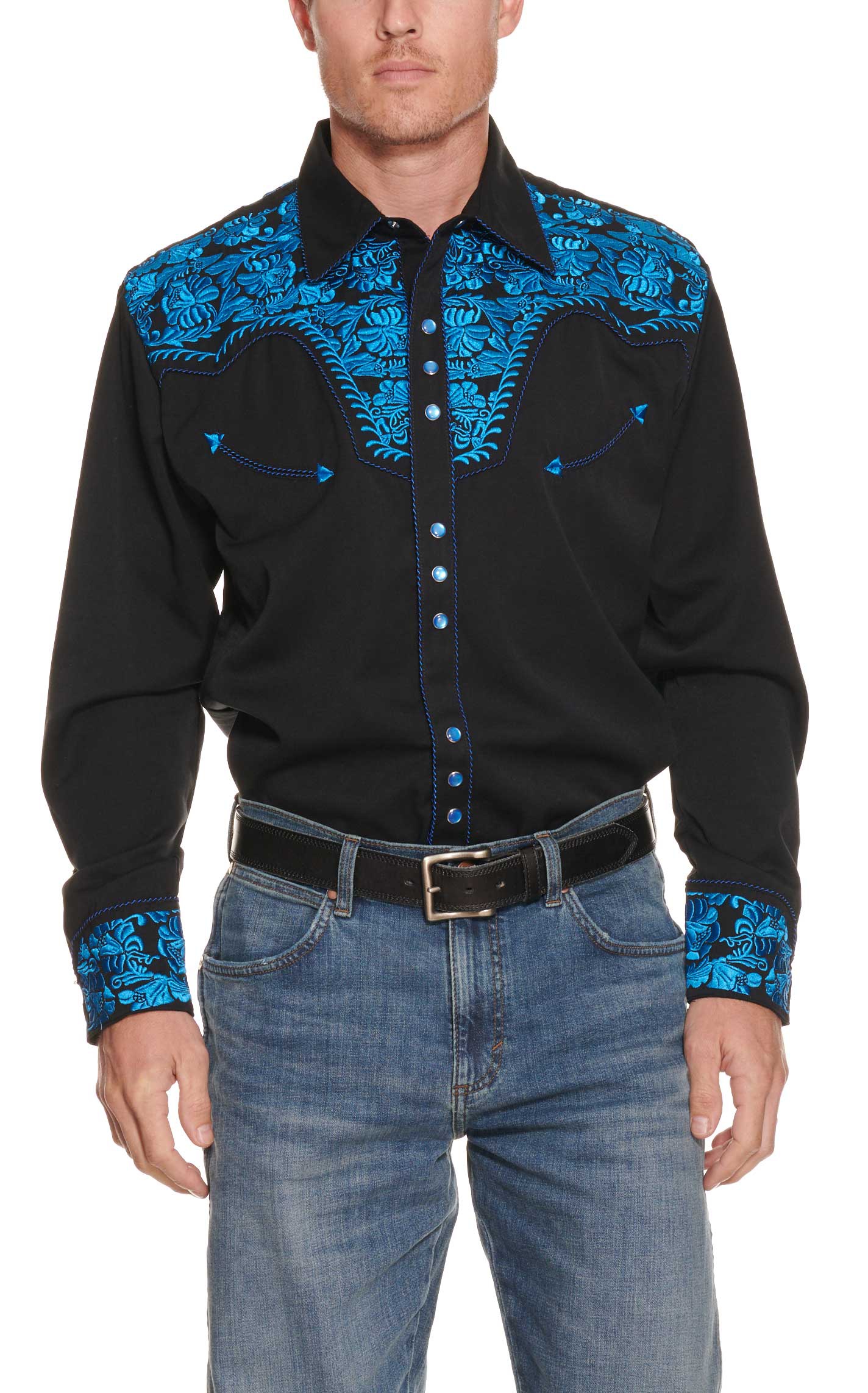 Scully Western Legends Gunfighter Black with Royal Blue Embroidery Western Shirt - Image 1