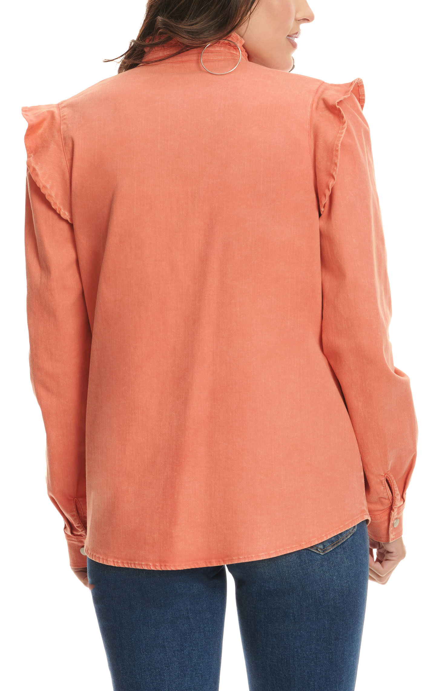 MAZIK Women's Tangerine Long Sleeve Ruffle Marsala Top - Image 1