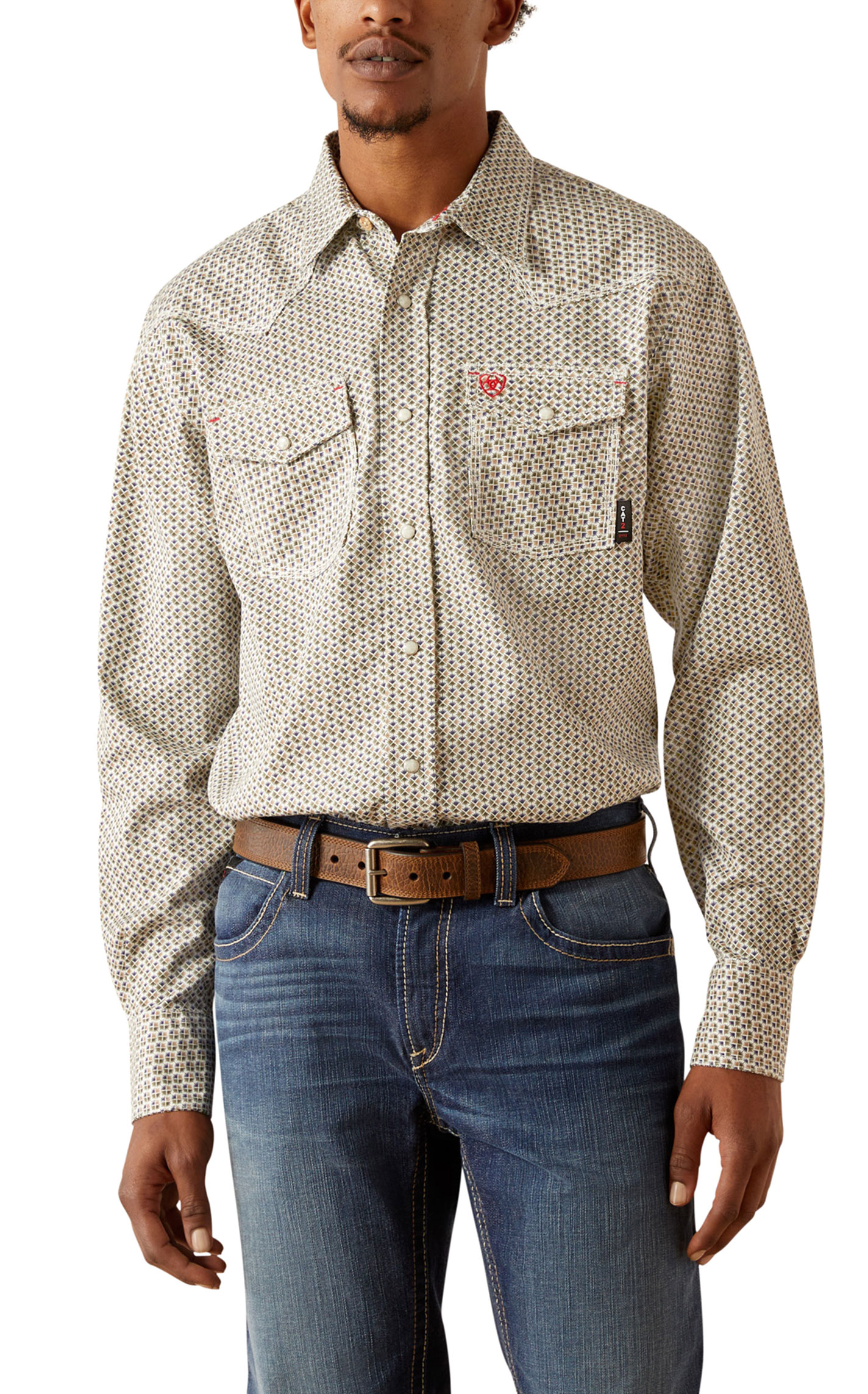 Ariat Men's Venice Olive & Marigold Geo FR Work Shirt - Image 1