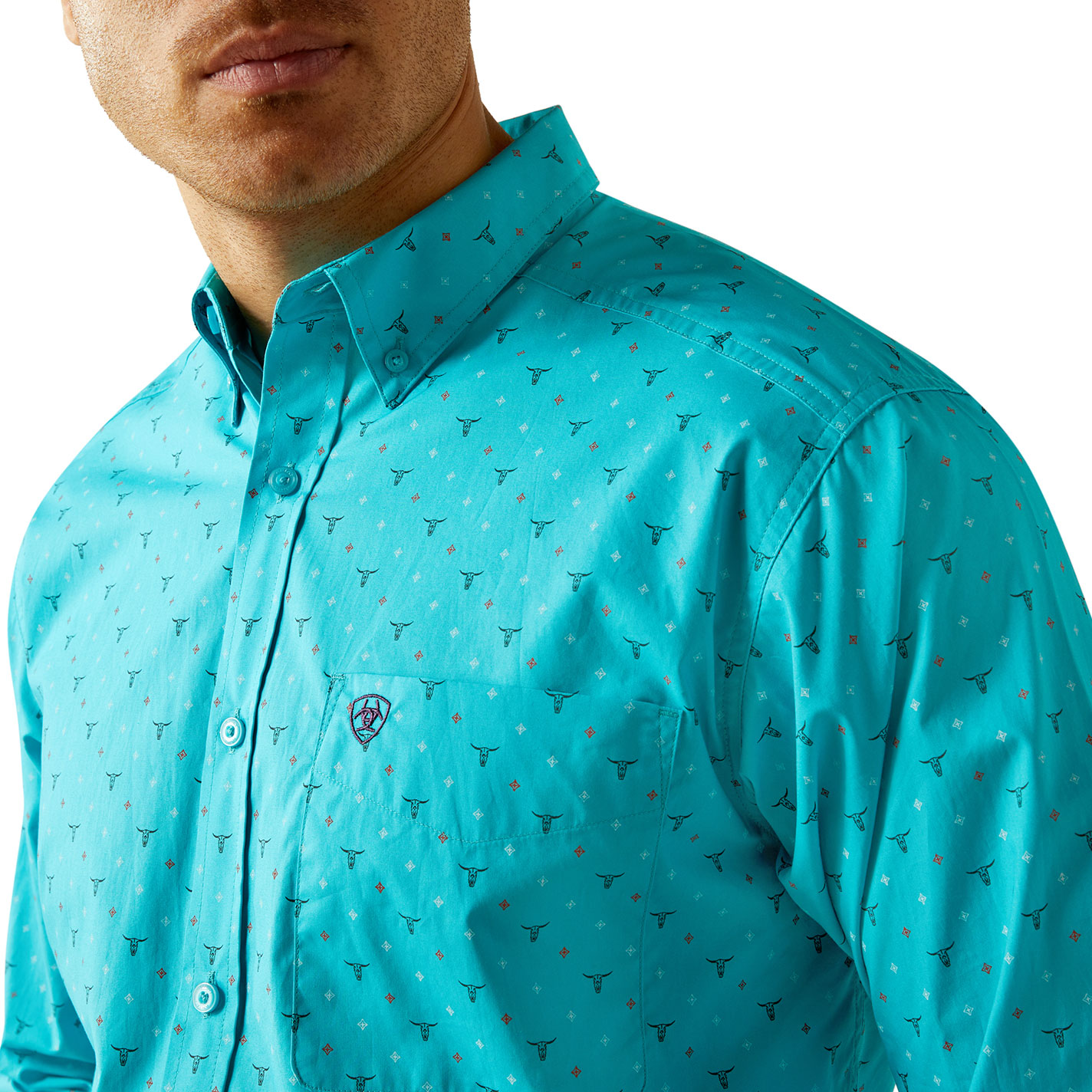 Ariat Men's Willke Turquoise Steer Skull Print Western Shirt - Image 1