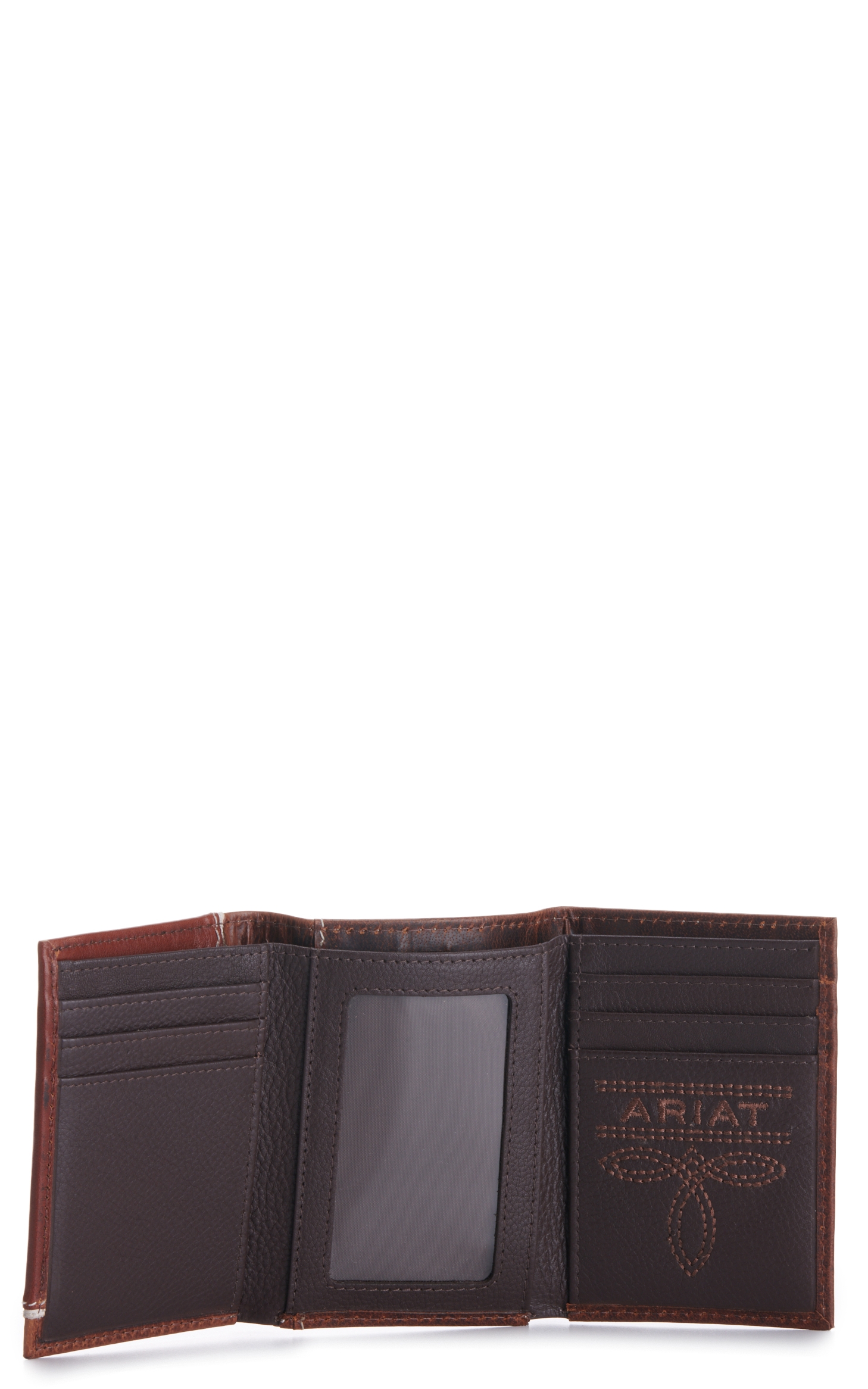 Ariat Men's Brown with Tan Overlay and Embossed Shield Logo Trifold Wallet - Image 1
