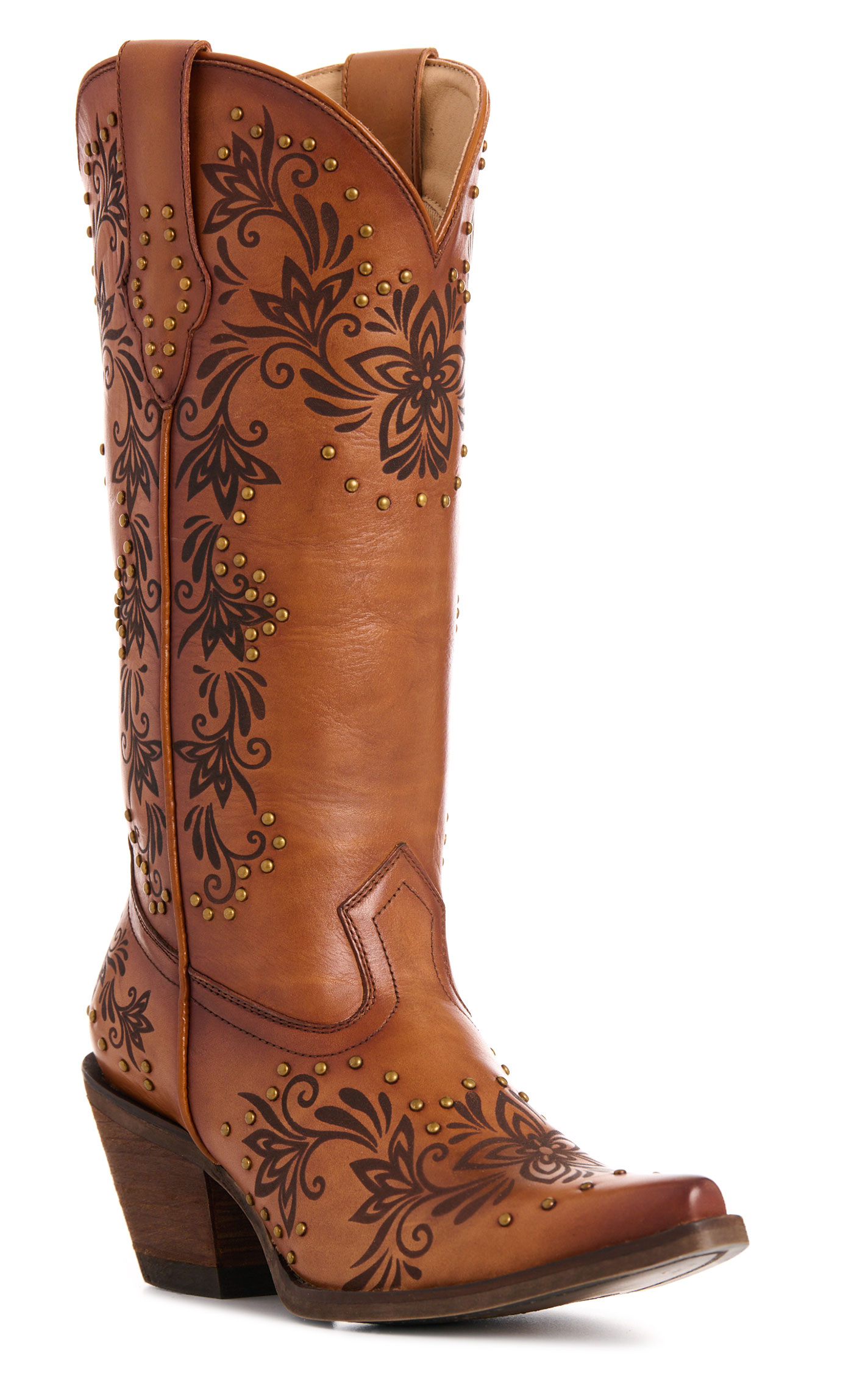 Rockin' C Women’s Peanut & Laser Floral Design Leather Snip Toe Cowboy Boots - Image 1