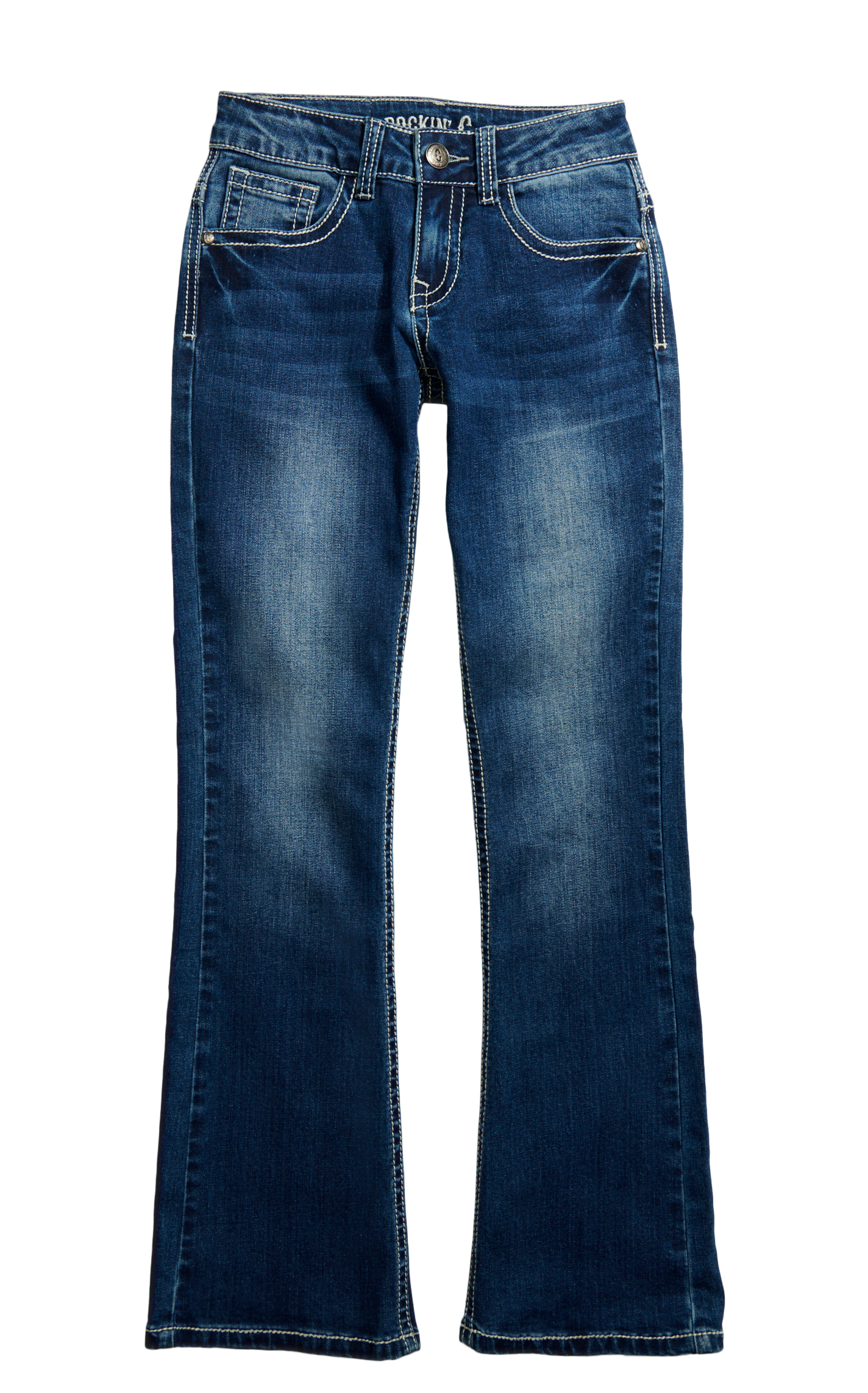 Rockin C Girl's Medium Wash Embroidered Cross & Bling Bootcut Jeans - Image 1