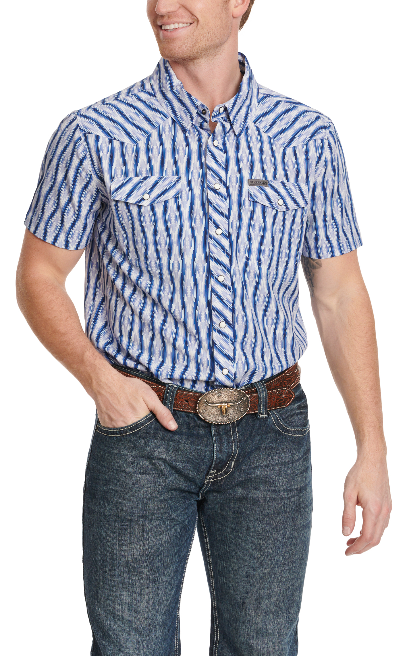 Panhandle Men's Performance Cornflower Aztec Print Western Shirt - Image 1