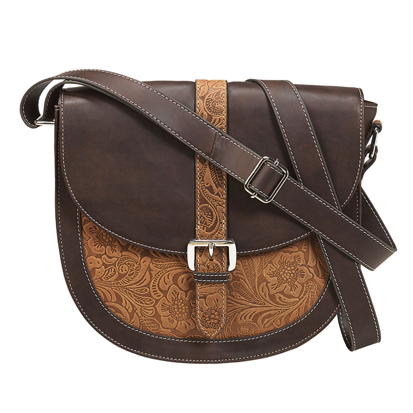 Nocona Brown and Tan Clara Tooled Leather Small Crossbody Saddlebag Purse - Image 1