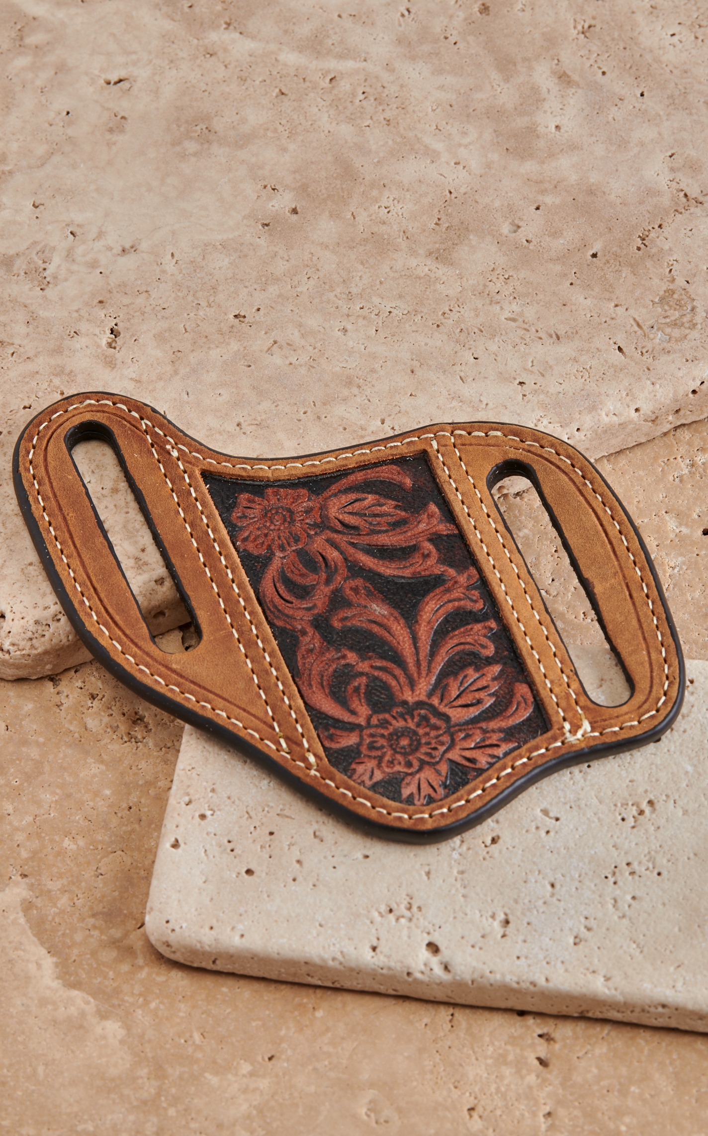 Ariat Brown Leather with Floral Tooling and Black Inlay Knife Sheath - Image 1
