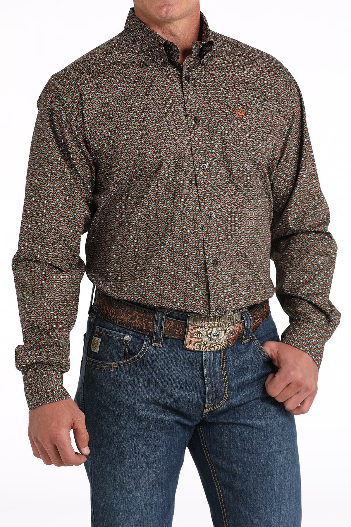 Cinch Men's Golden Brown & Teal Geo Print Western Shirt - Image 1