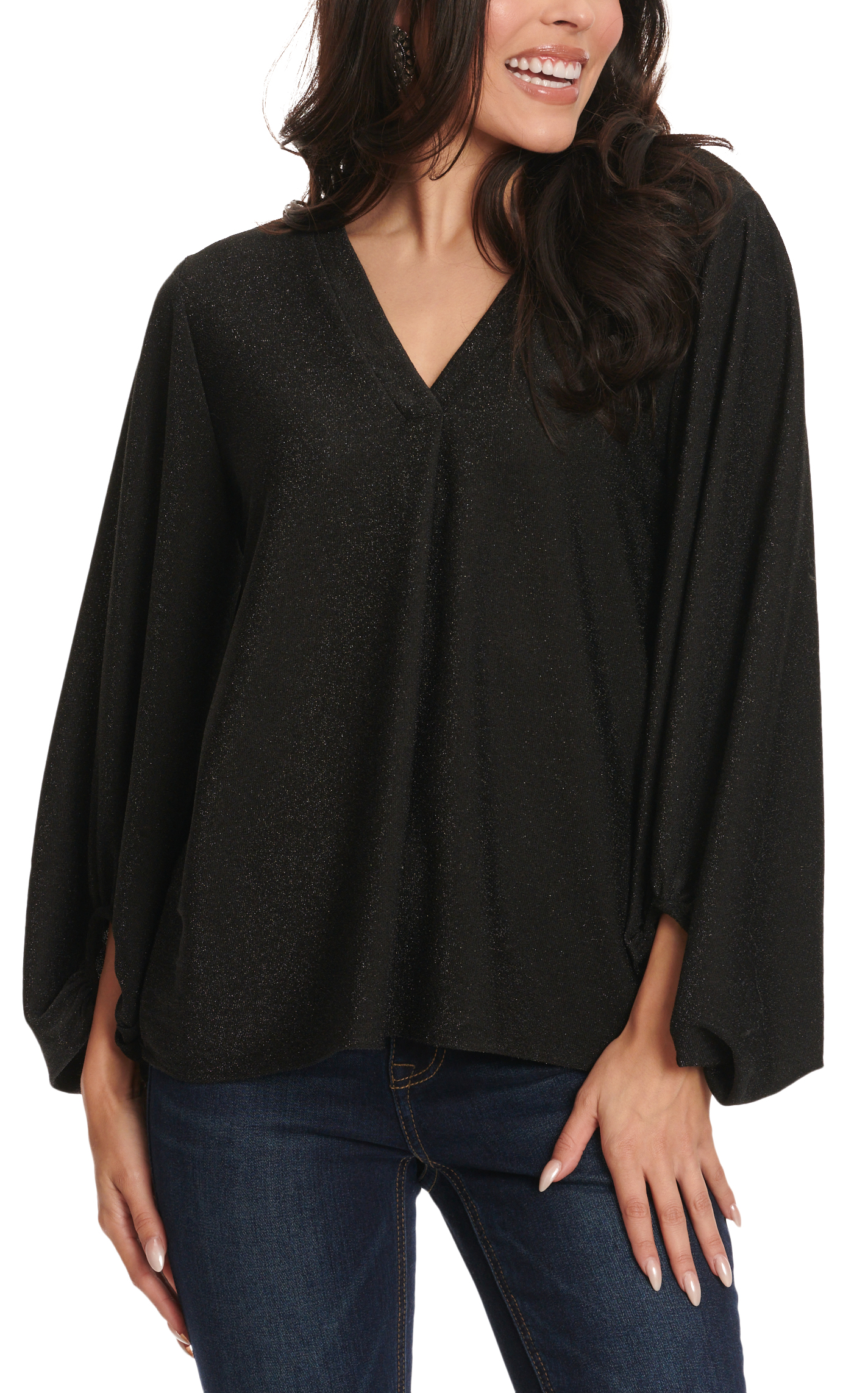 Panhandle Women's Black Lurex V-Neck Long Balloon Sleeve Top - Image 1