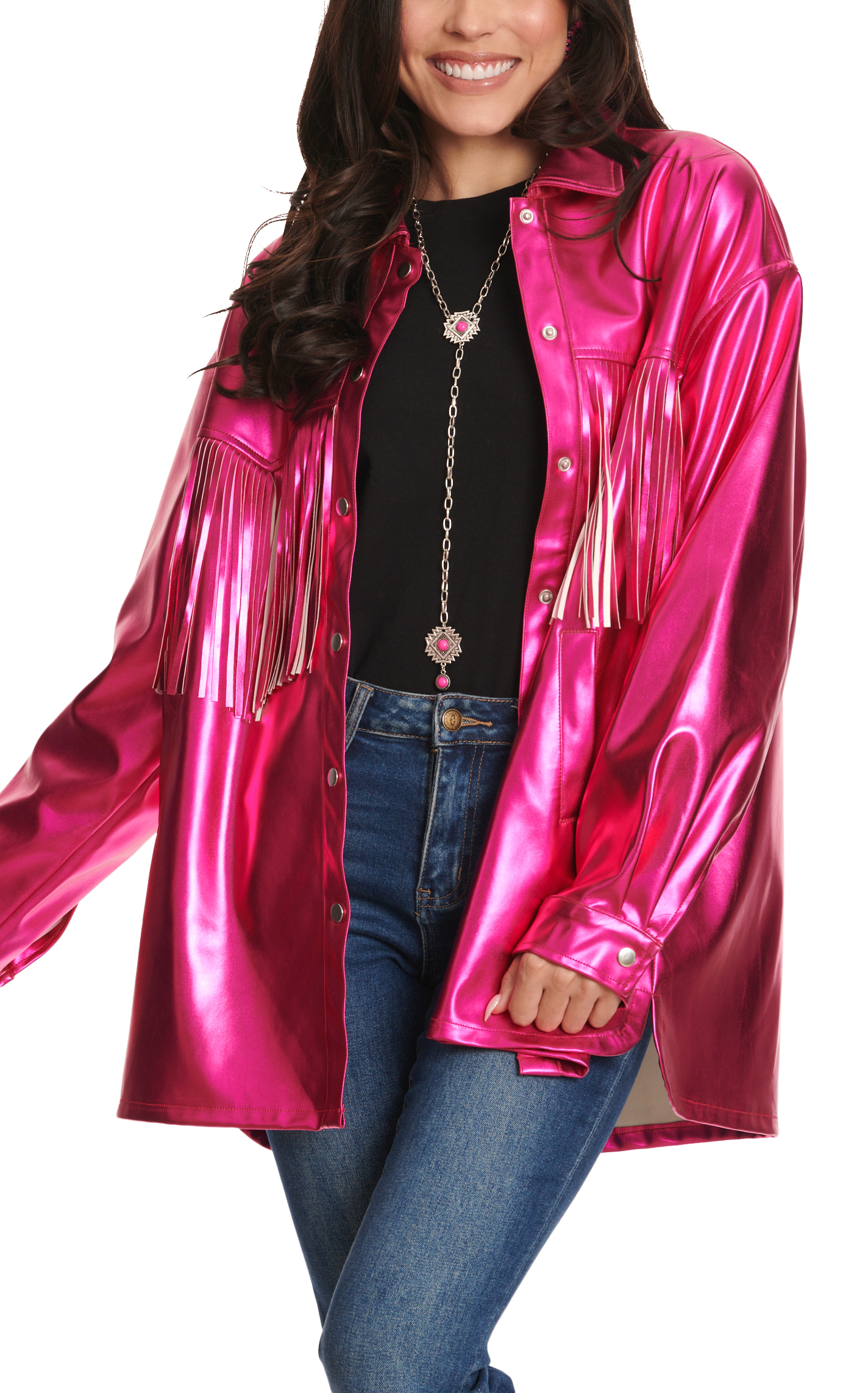 Southern Grace Women's Change of Pace Metallic Hot Pink Fringed Jacket - Image 1