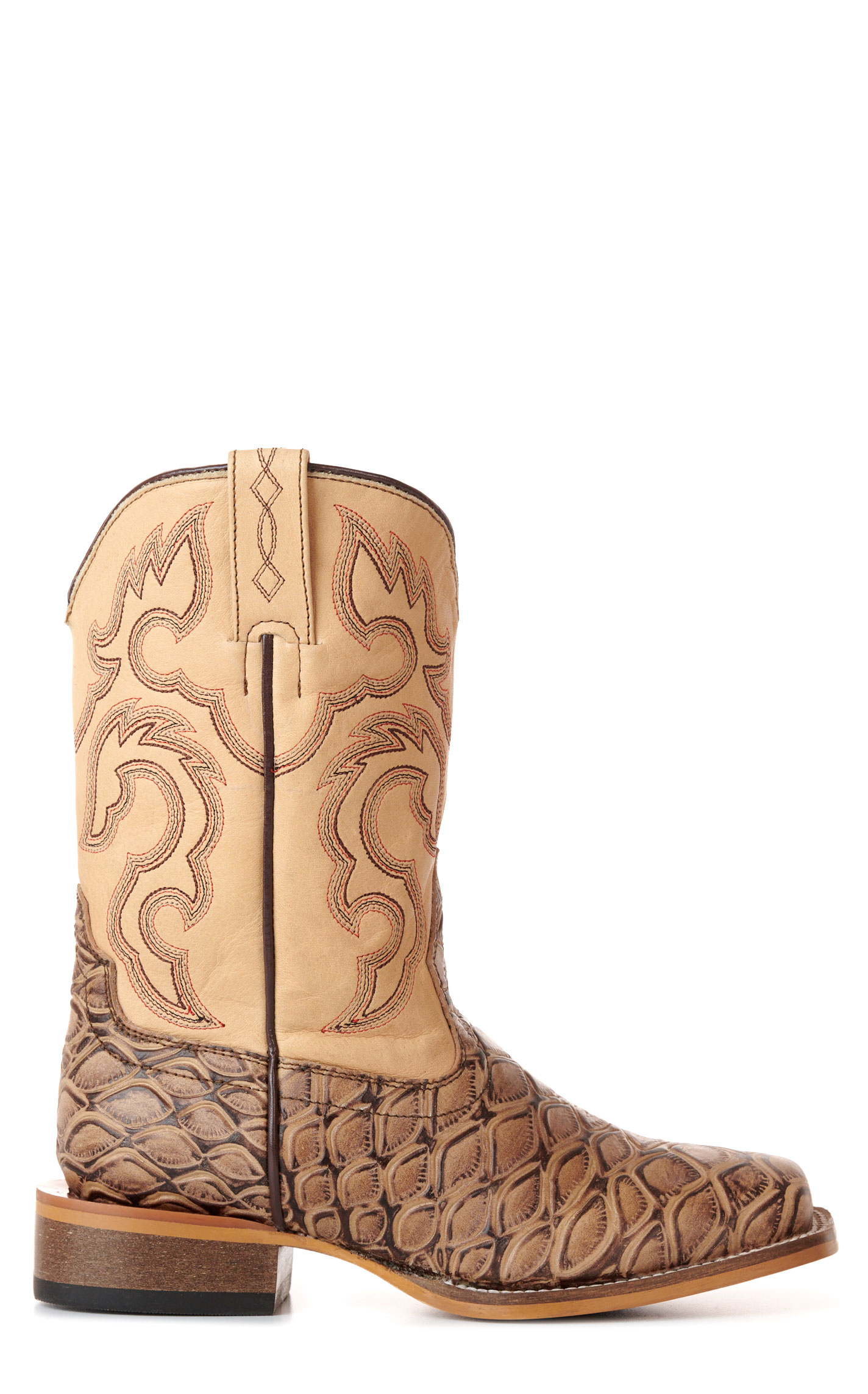 Cavender's Youth Natural & Tan Pirarucu Print Wide Square Toe Cowboy Boots - Image 1