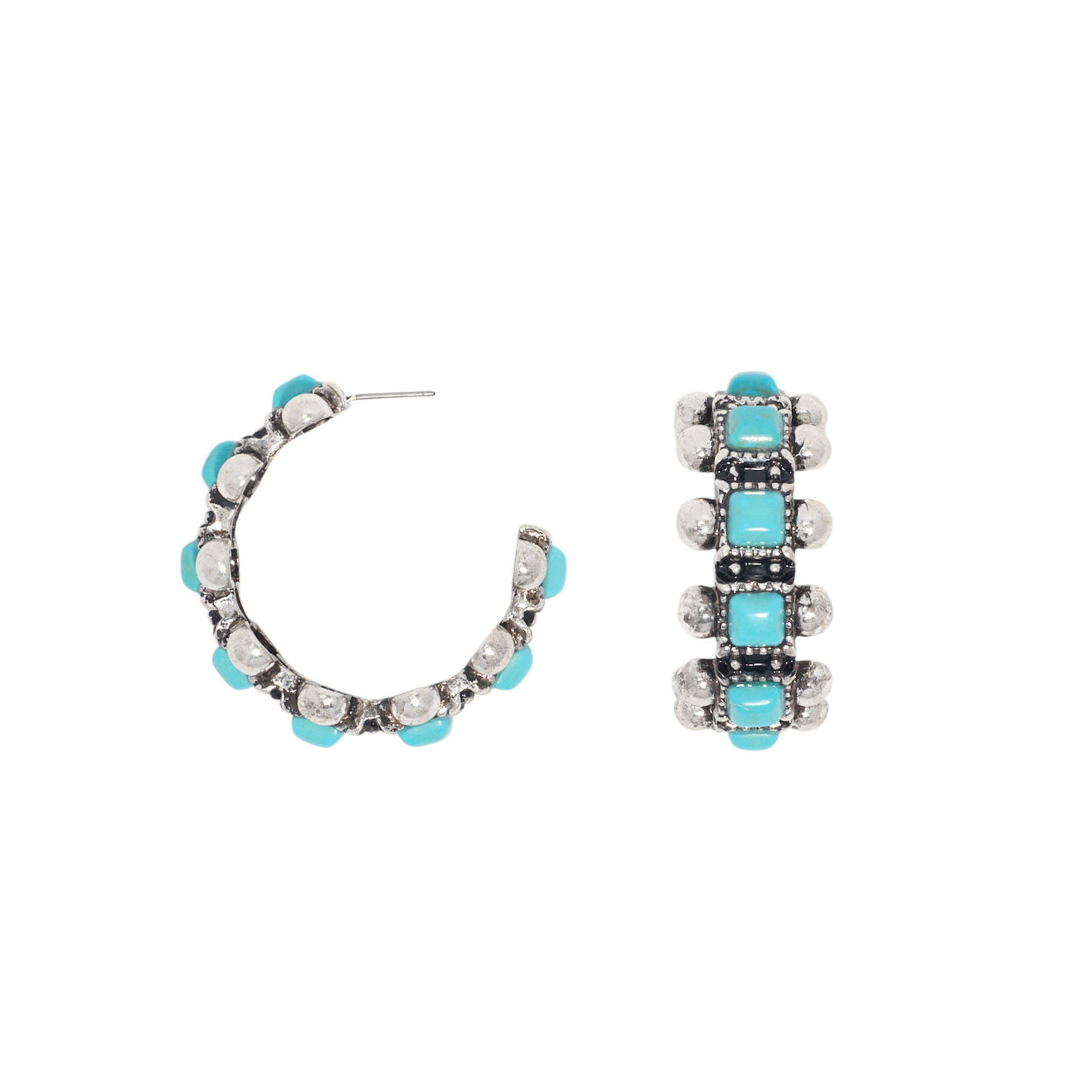 806 Silver & Square Turquoise Stone Hoop Earrings - Image 1