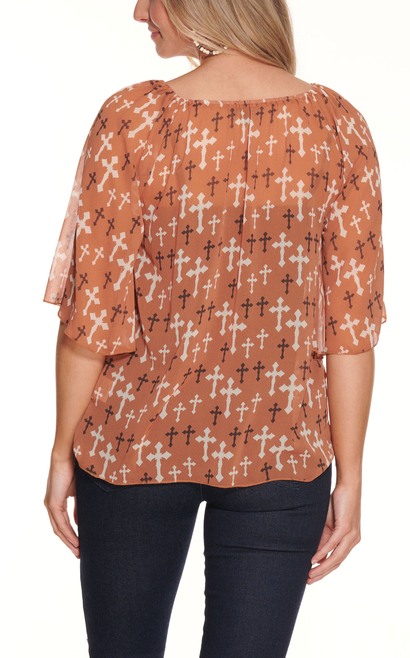 Cowgirl Hardware Women's Rust with Cream and Brown Cross Print 3/4 Bell Sleeves Top - Image 1