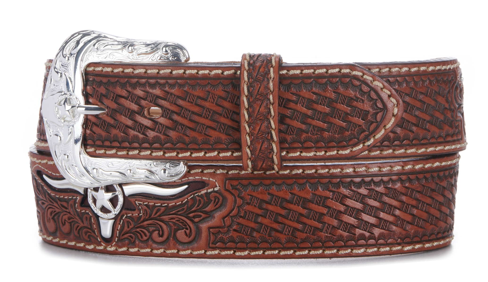 Justin Men's Natural Brown Trophy Bull Tooled Leather Western Belt - Image 1