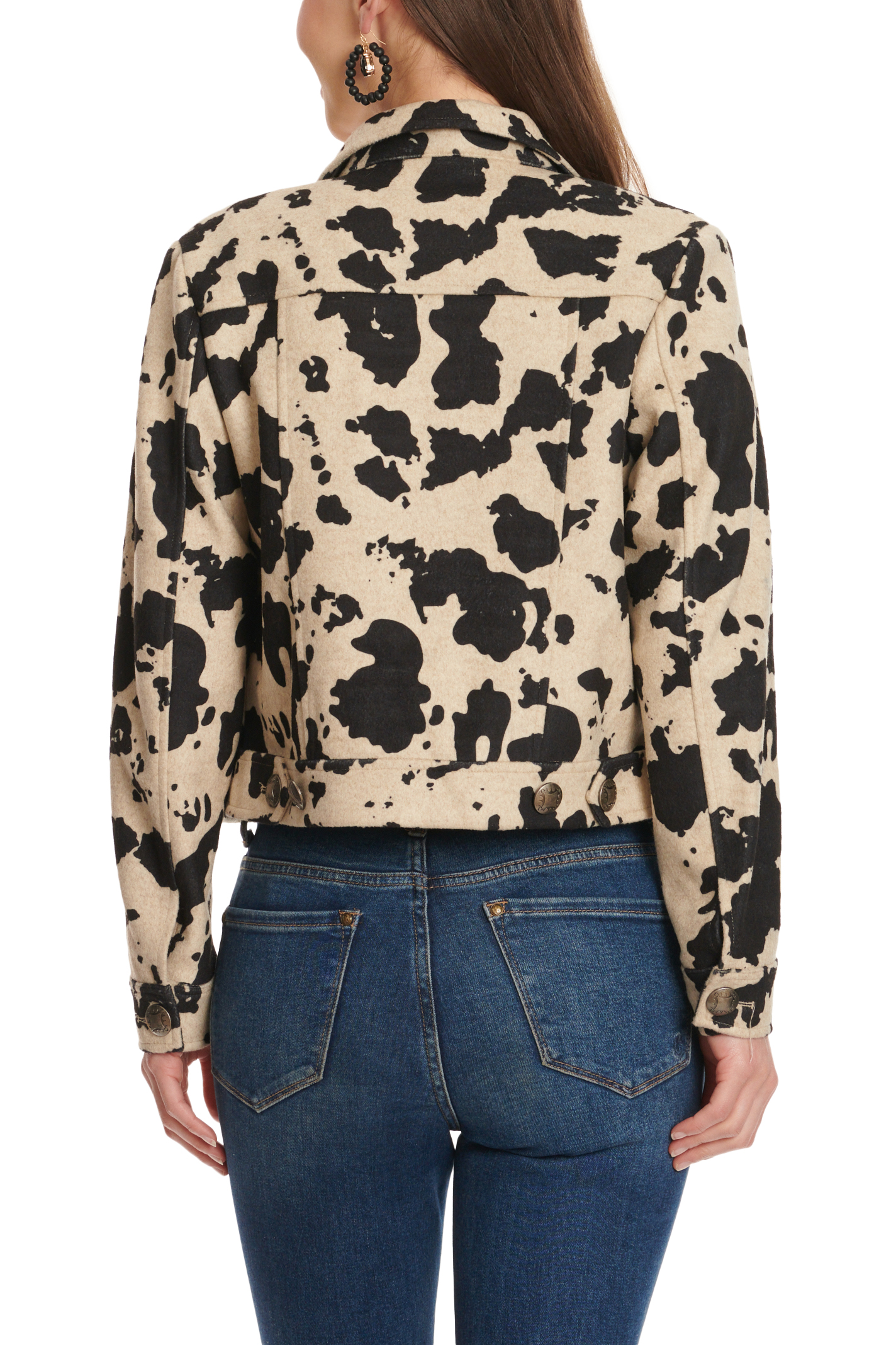 Fashion Express Women's Sand & Black Cow Print Long Sleeve Cropped Jacket - Image 1