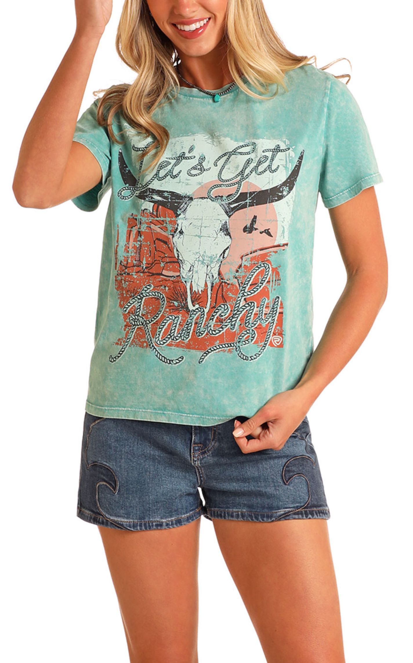 Rock & Roll Denim Women's Sea Green Ranchy Graphic T-Shirt - Image 1