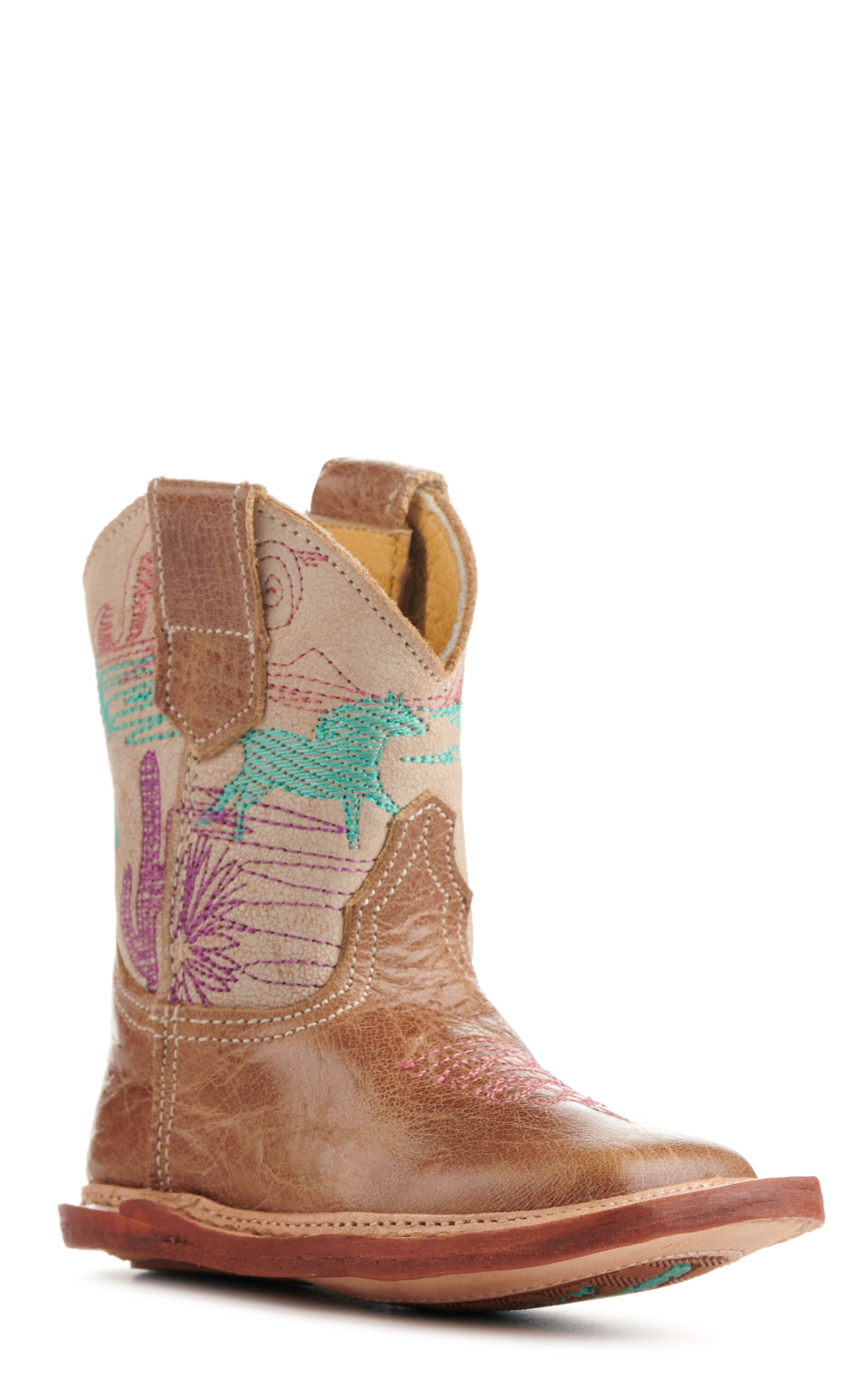 Roper Cowbabies Burnished Brown and Cream Running Free Embroidery Square Toe Cowboy Boots - Image 1