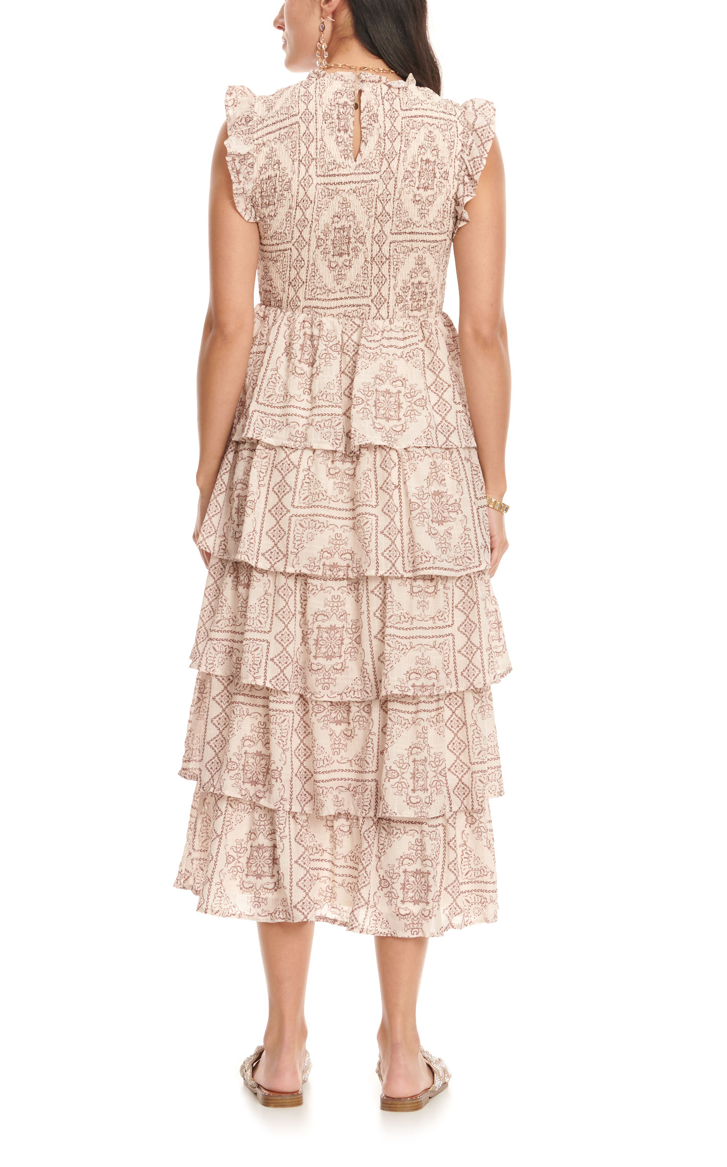 TCEC Women's Sand & Toast Picture Frame Print Smocked Ruffled Sleeveless Tiered Maxi Dress - Image 3