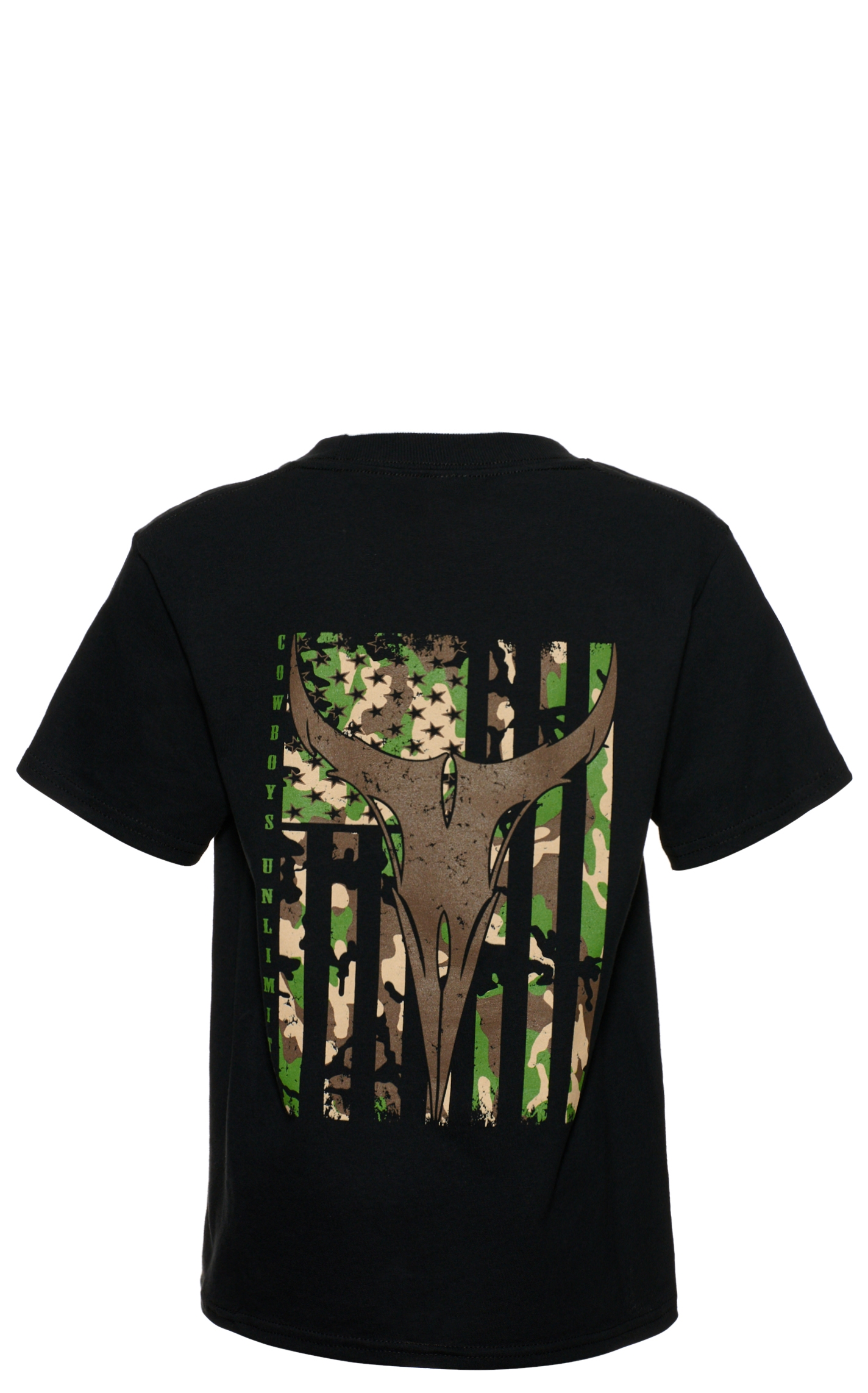 Moss Brothers Cowboys Unlimited Boys' Black Longhorn Camo Flag Short Sleeve T-Shirt - Image 1