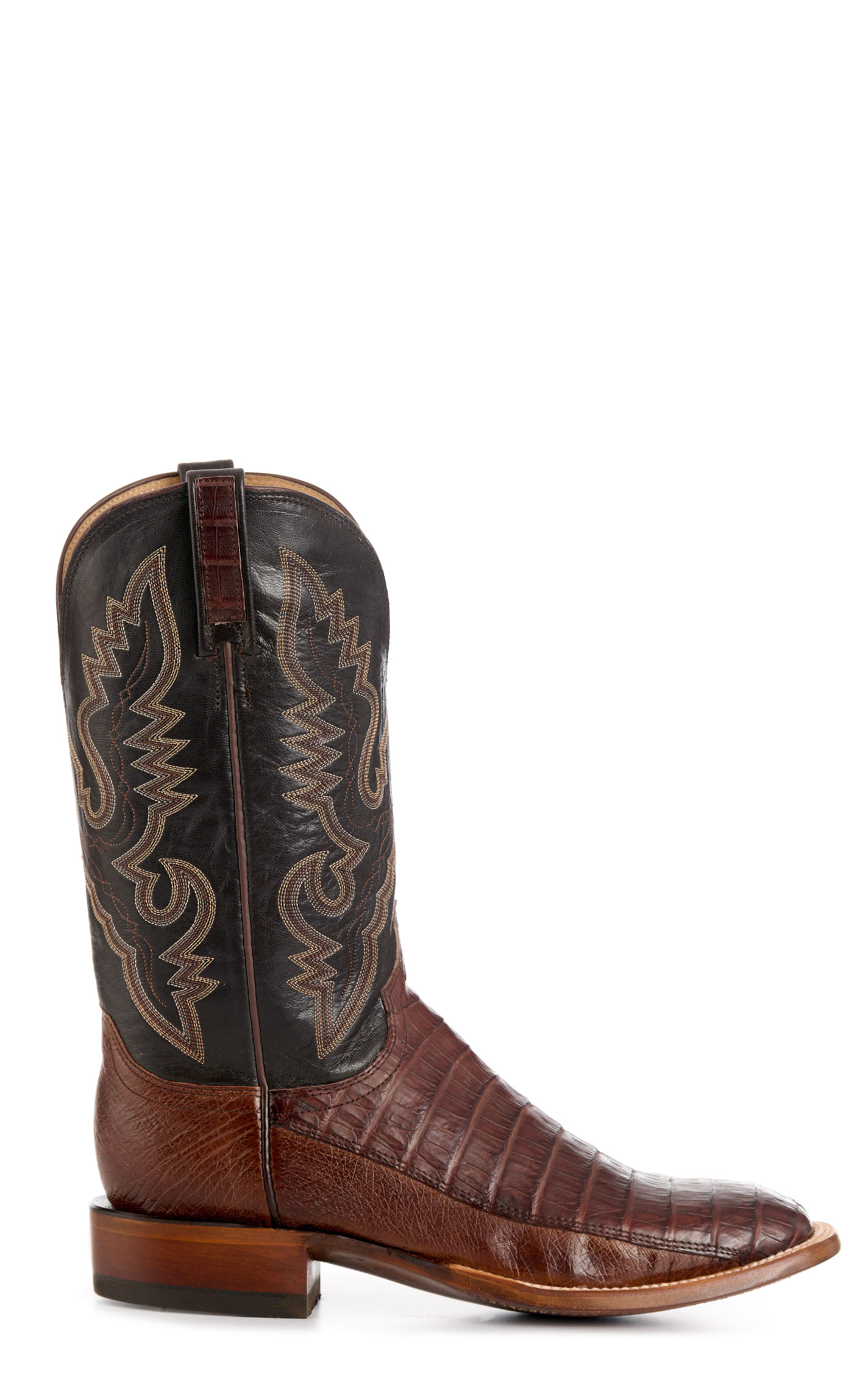 Lucchese Men's 1883 Barrel Brown Caiman Tail and Smooth Ostrich Square Toe Exotic Cowboy Boots - Image 1